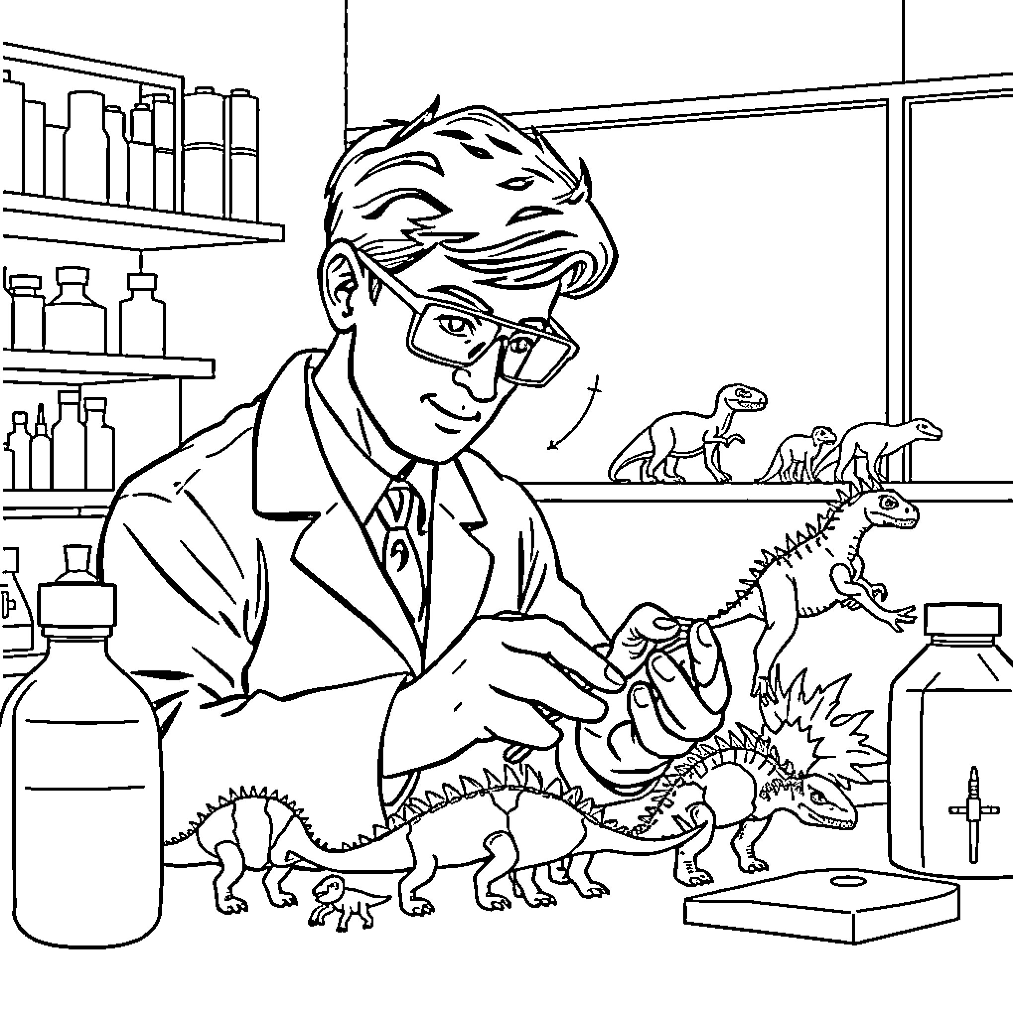 Scientist examining toy dinosaurs in laboratory Coloring Page (free black-and-white line drawing printable PDF for all, from beginners to advanced learners, including children, teens, adults, and seniors)