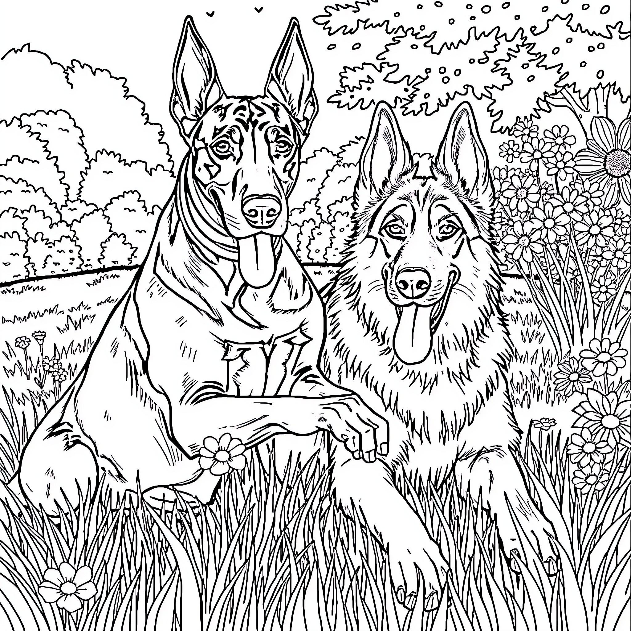 Dogs enjoying a serene outdoor scene Coloring Page (free black-and-white line drawing printable PDF for all, from beginners to advanced learners, including children, teens, adults, and seniors)