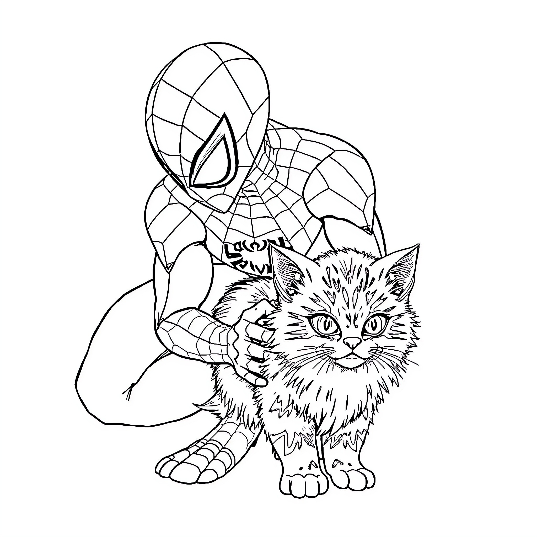 Spiderman saves a playful kitten Coloring Page (free black-and-white line drawing printable PDF for all, from beginners to advanced learners, including children, teens, adults, and seniors)