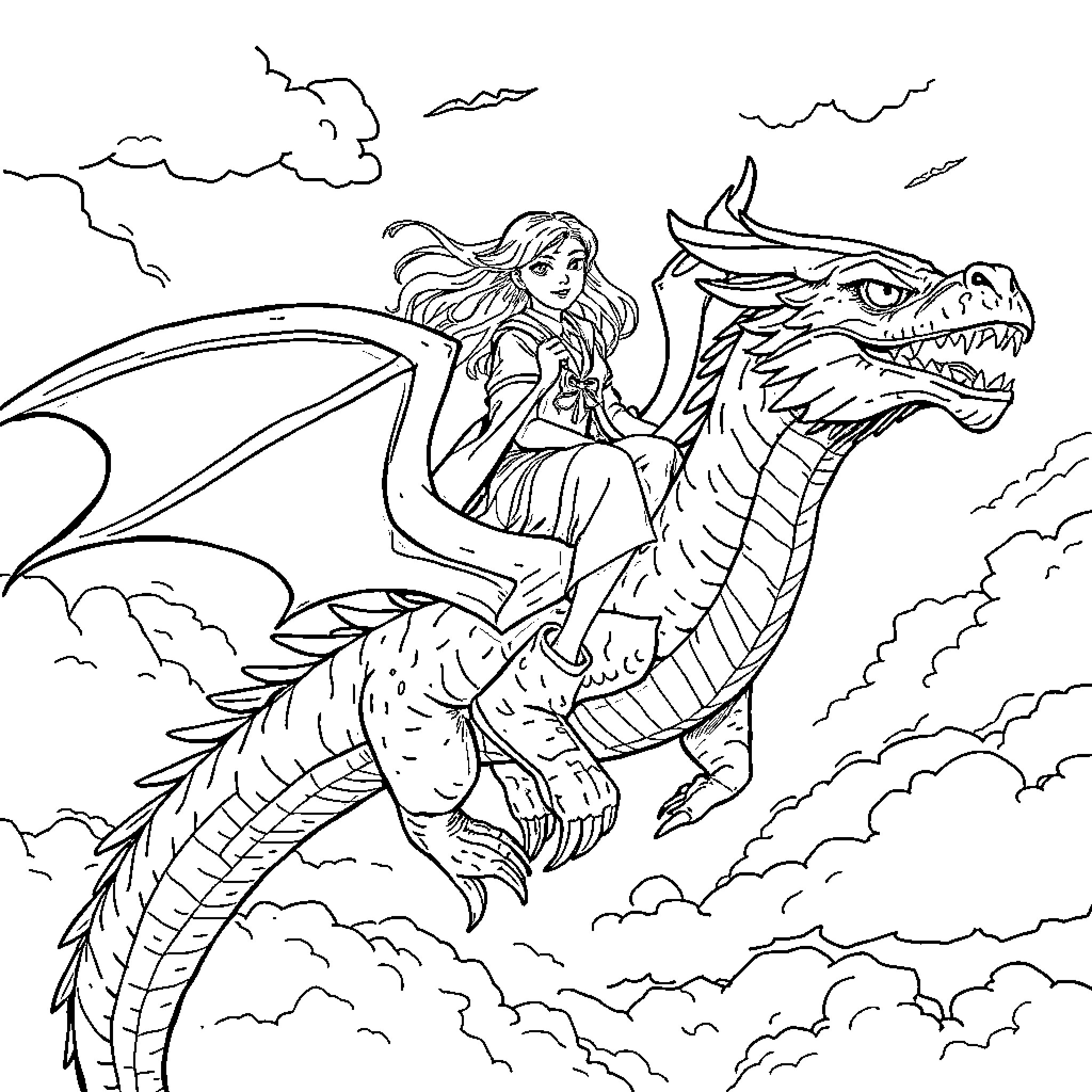 Dragon Rider Soaring Across the Cloudy Skies Coloring Page (free black-and-white line drawing printable PDF for all, from beginners to advanced learners, including children, teens, adults, and seniors)