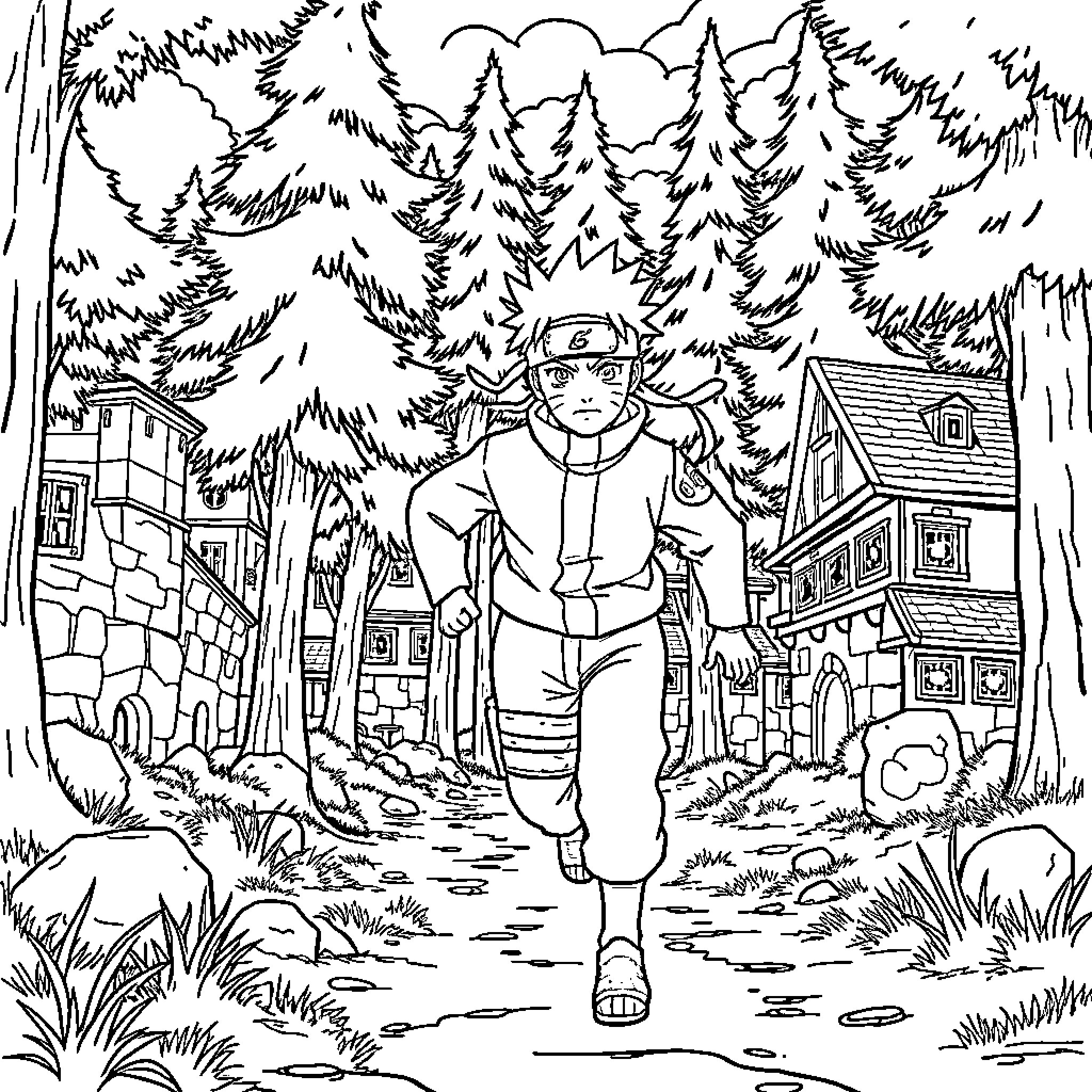 Naruto's Adventure in the Forest Village Coloring Page (free black-and-white line drawing printable PDF for all, from beginners to advanced learners, including children, teens, adults, and seniors)