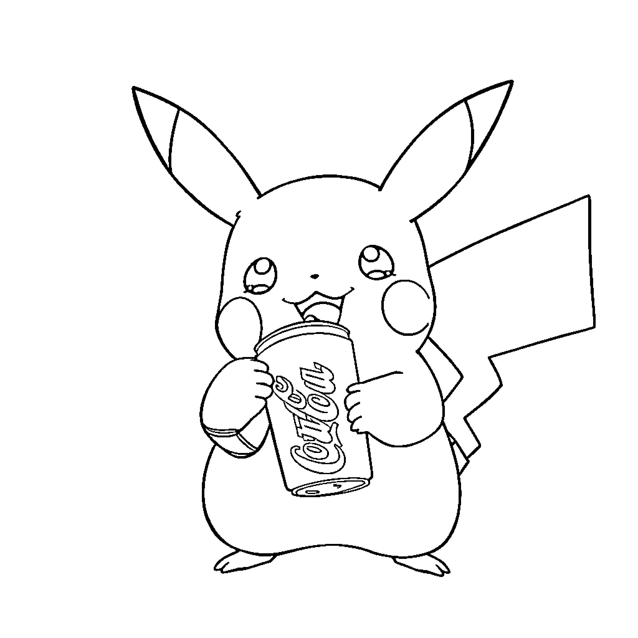 Pikachu enjoying a refreshing soda Coloring Page (free black-and-white line drawing printable PDF for all, from beginners to advanced learners, including children, teens, adults, and seniors)