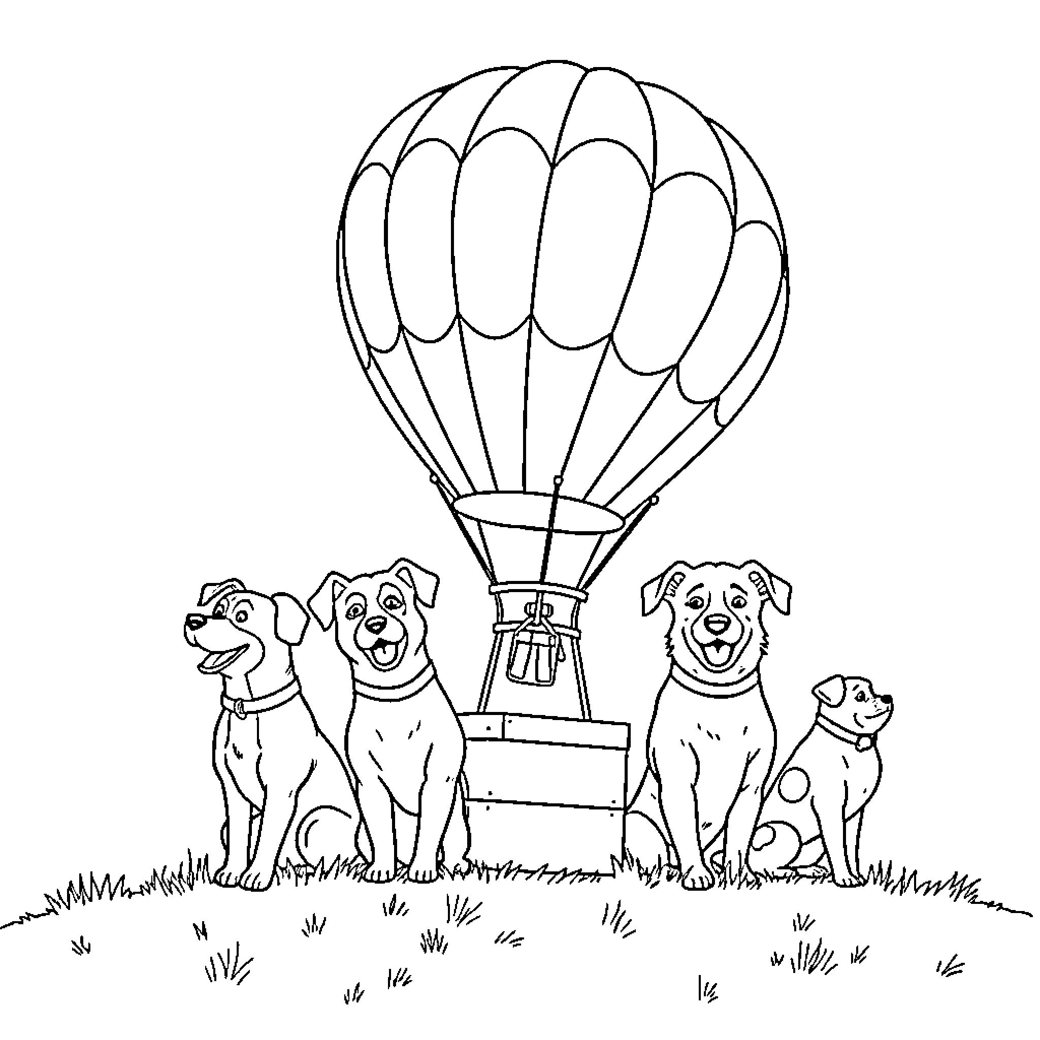 Dogs exploring hot air balloon adventure Coloring Page (free black-and-white line drawing printable PDF for all, from beginners to advanced learners, including children, teens, adults, and seniors)
