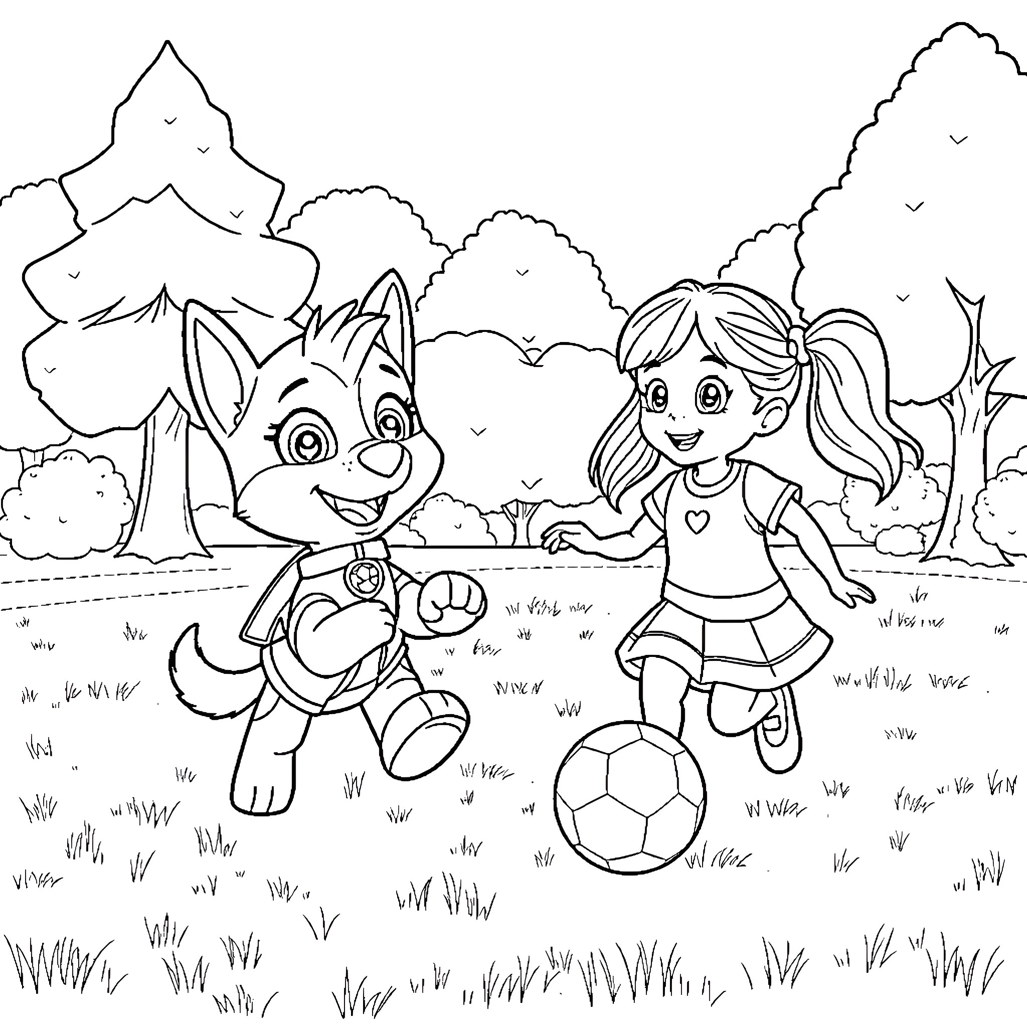 Skye and her friend playing soccer in the woods Coloring Page (free black-and-white line drawing printable PDF for all, from beginners to advanced learners, including children, teens, adults, and seniors)