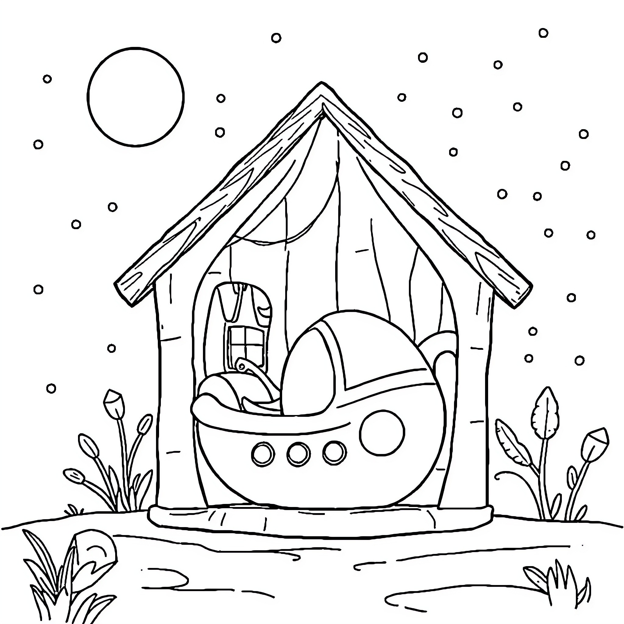 Spacecraft parked in snowy landscape Coloring Page (free black-and-white line drawing printable PDF for all, from beginners to advanced learners, including children, teens, adults, and seniors)