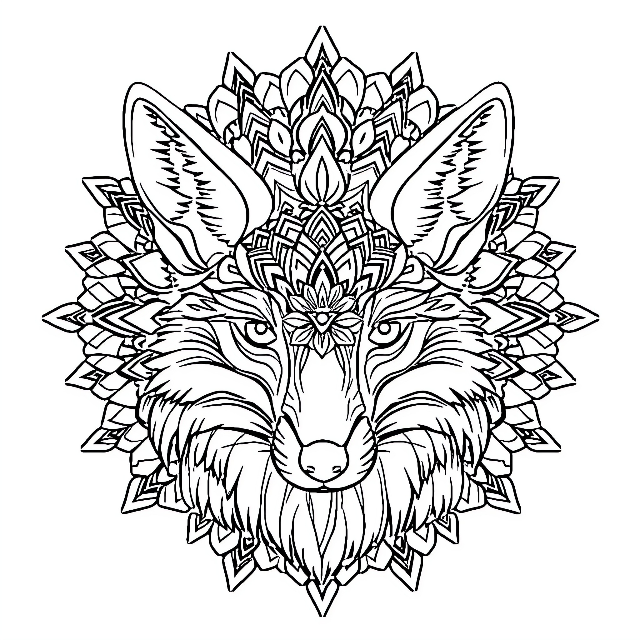 Fox with Ornate Geometric Design Coloring Page (free black-and-white line drawing printable PDF for all, from beginners to advanced learners, including children, teens, adults, and seniors)