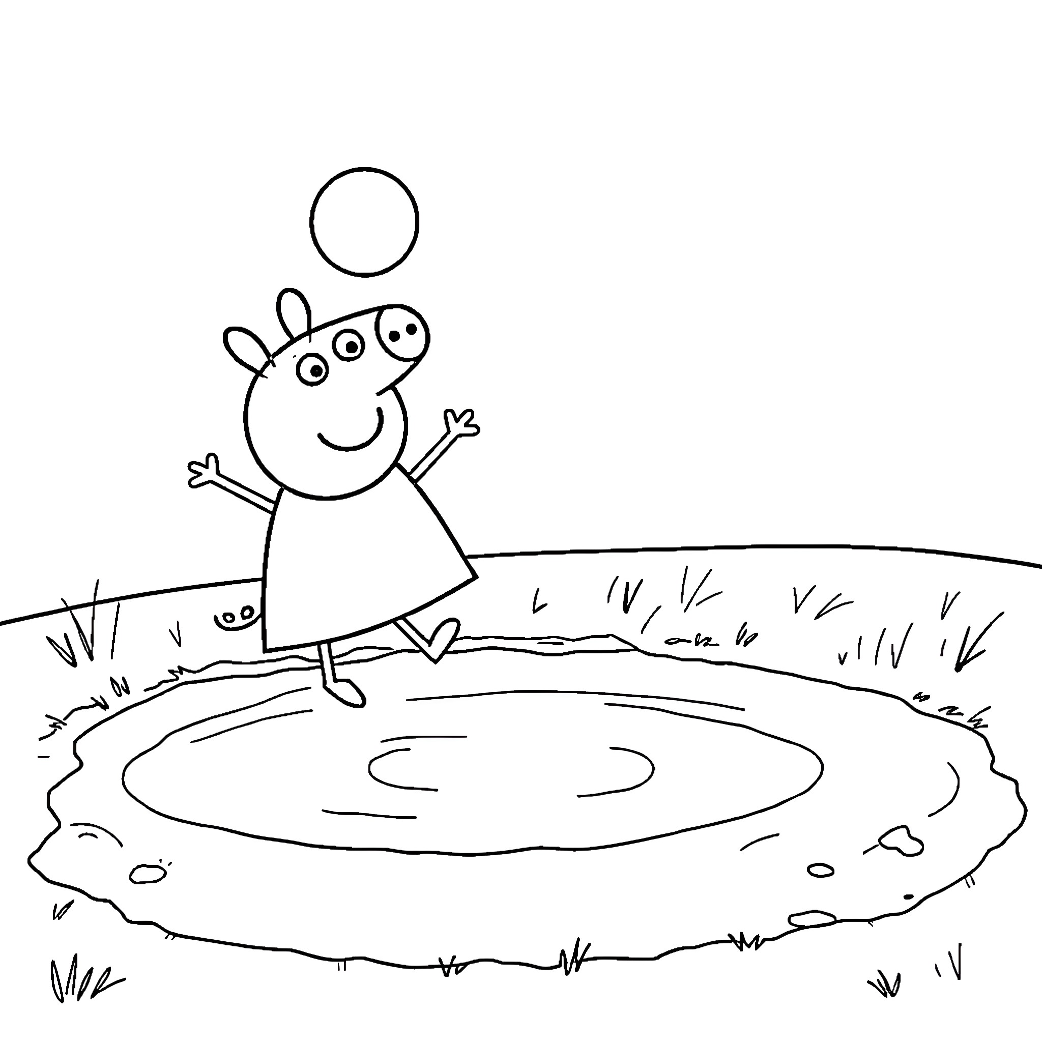 Peppa Pig playing happily in the mud puddle Coloring Page (free black-and-white line drawing printable PDF for all, from beginners to advanced learners, including children, teens, adults, and seniors)