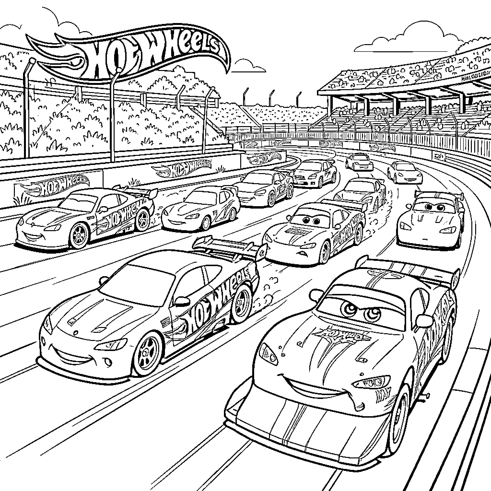 Hot Wheels racing cars speeding around a track Coloring Page (free black-and-white line drawing printable PDF for all, from beginners to advanced learners, including children, teens, adults, and seniors)