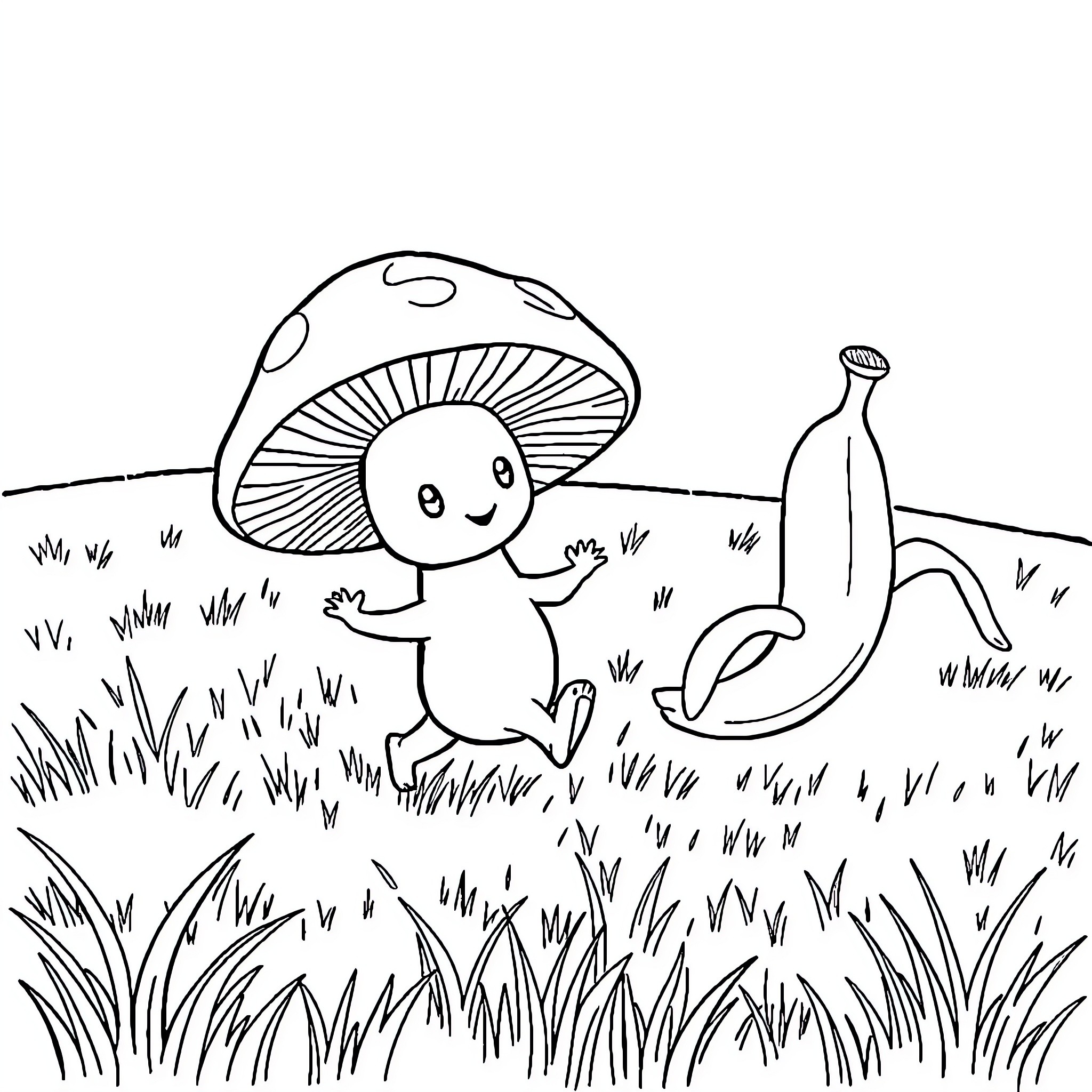 Mushroom creature and banana in the meadow Coloring Page (free black-and-white line drawing printable PDF for all, from beginners to advanced learners, including children, teens, adults, and seniors)