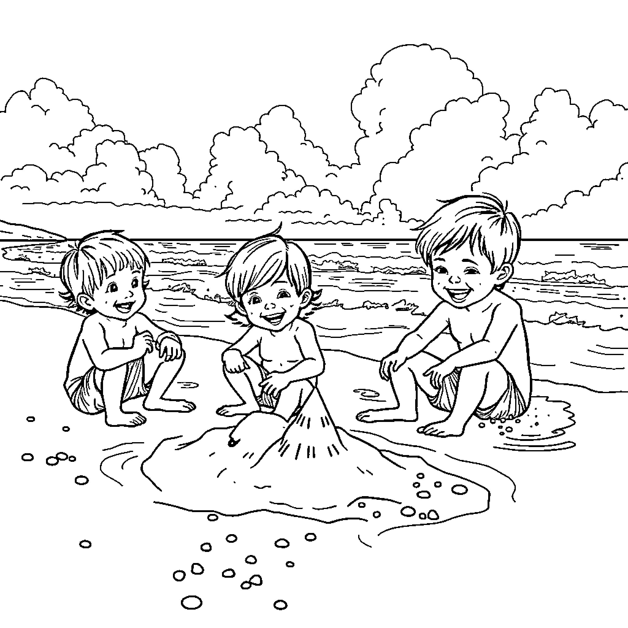 Kids enjoying beach time with sand and waves Coloring Page (free black-and-white line drawing printable PDF for all, from beginners to advanced learners, including children, teens, adults, and seniors)