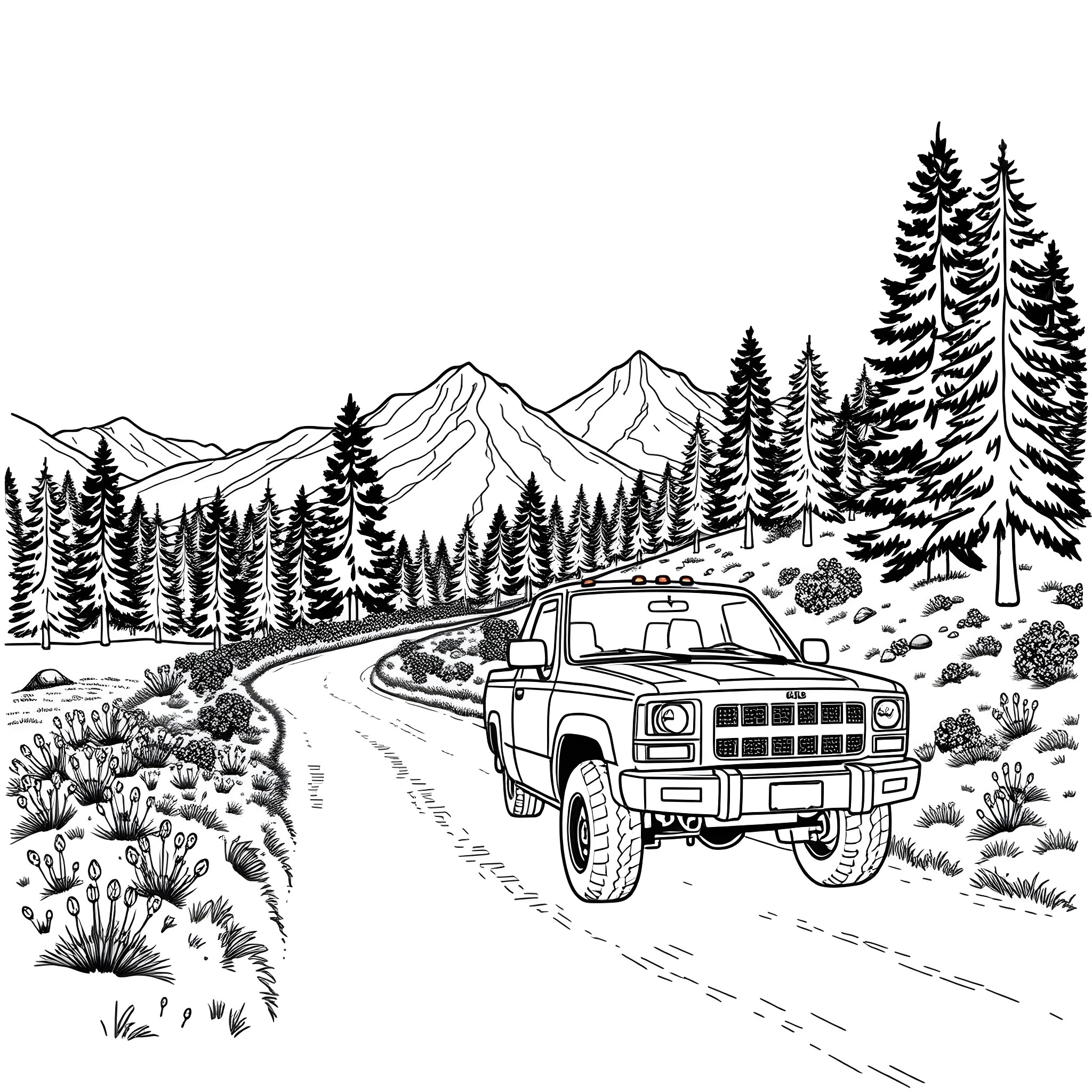 Pick Up Truck Traversing Mountain Road Coloring Page (free black-and-white line drawing printable PDF for all, from beginners to advanced learners, including children, teens, adults, and seniors)