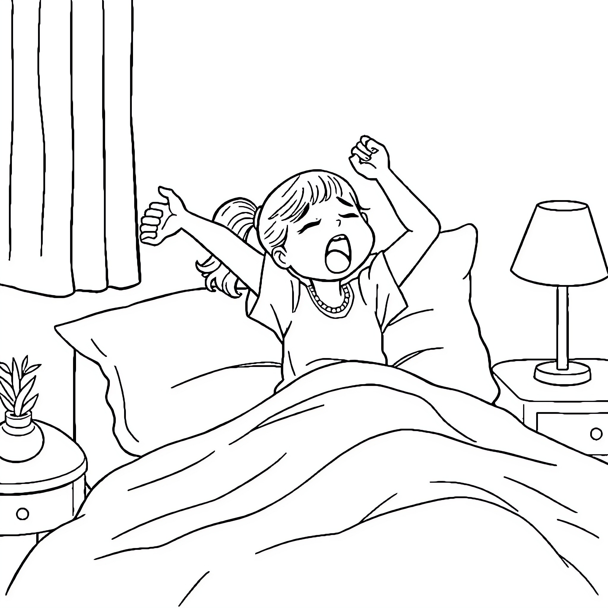 Girl stretching and yawning in bedroom Coloring Page (free black-and-white line drawing printable PDF for all, from beginners to advanced learners, including children, teens, adults, and seniors)