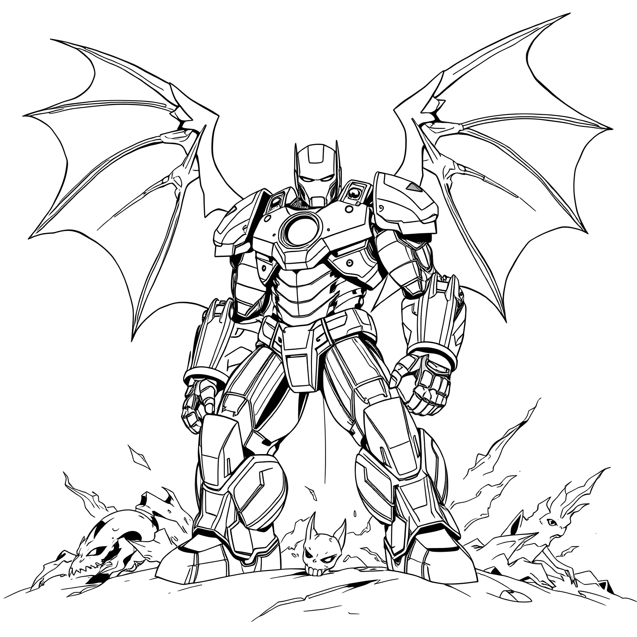 Ironman suit with bat-like wings in action Coloring Page (free black-and-white line drawing printable PDF for all, from beginners to advanced learners, including children, teens, adults, and seniors)