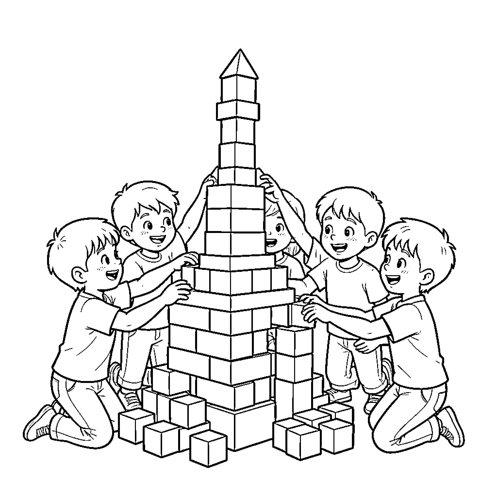 Children building a rocket ship with blocks Coloring Page (free black-and-white line drawing printable PDF for all, from beginners to advanced learners, including children, teens, adults, and seniors)