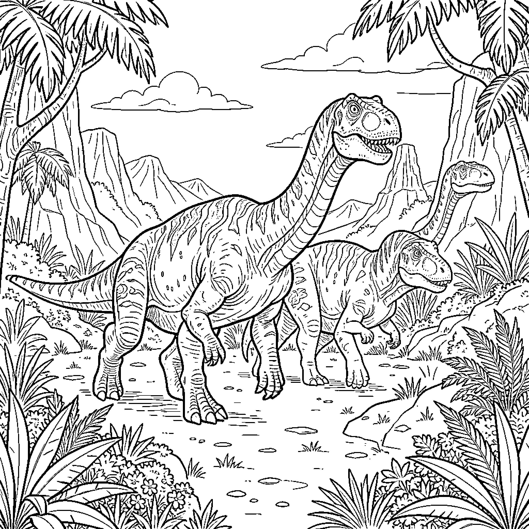 Dinosaur roaming in prehistoric landscape Coloring Page (free black-and-white line drawing printable PDF for all, from beginners to advanced learners, including children, teens, adults, and seniors)