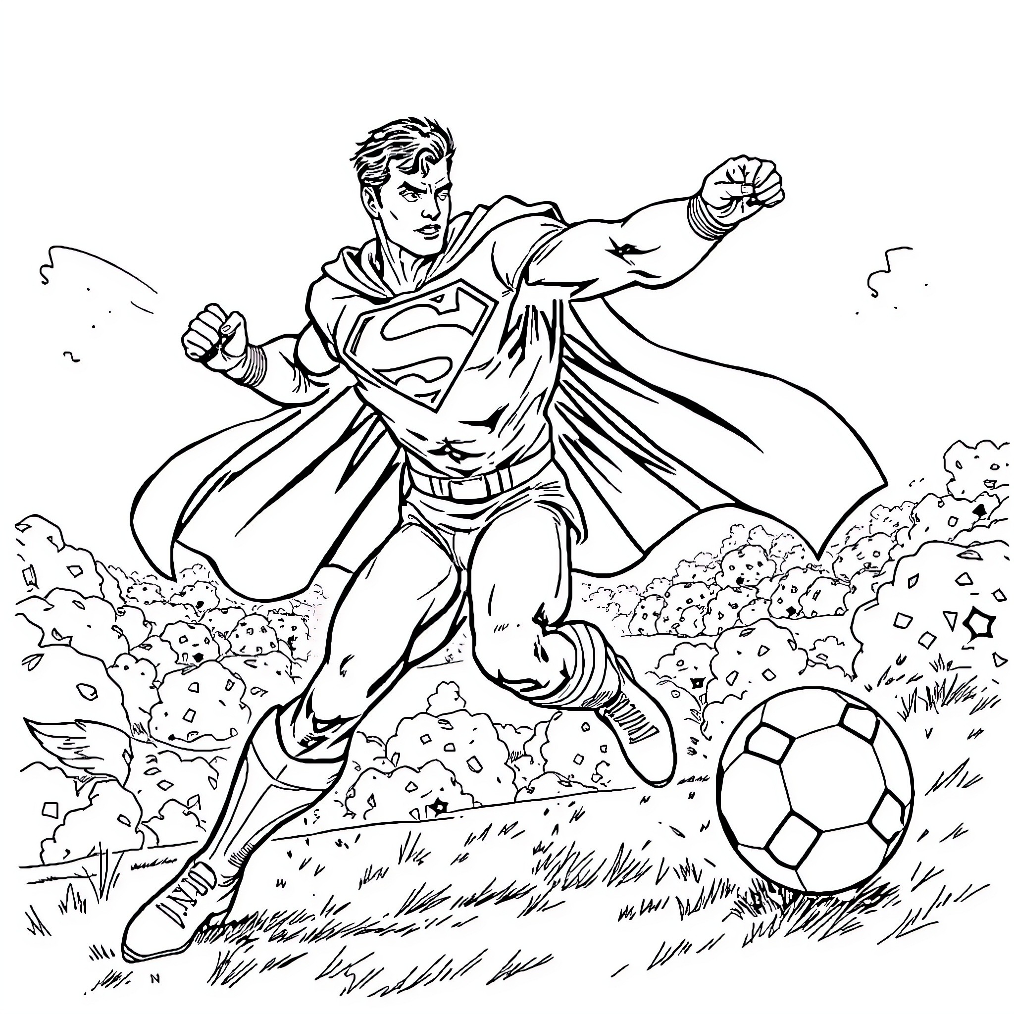 Superman playing football in the park Coloring Page (free black-and-white line drawing printable PDF for all, from beginners to advanced learners, including children, teens, adults, and seniors)