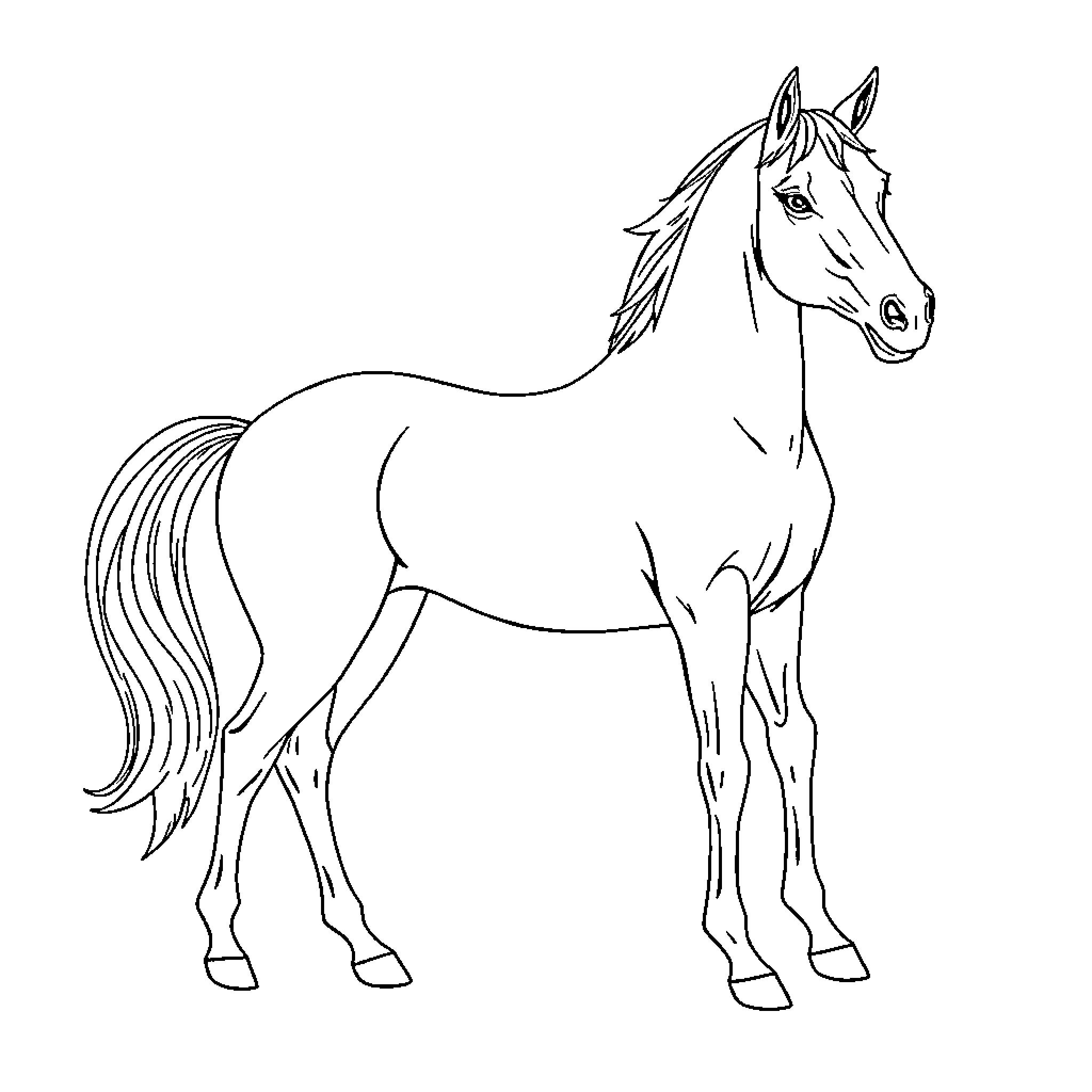 Horse standing proud and alert Coloring Page (free black-and-white line drawing printable PDF for all, from beginners to advanced learners, including children, teens, adults, and seniors)