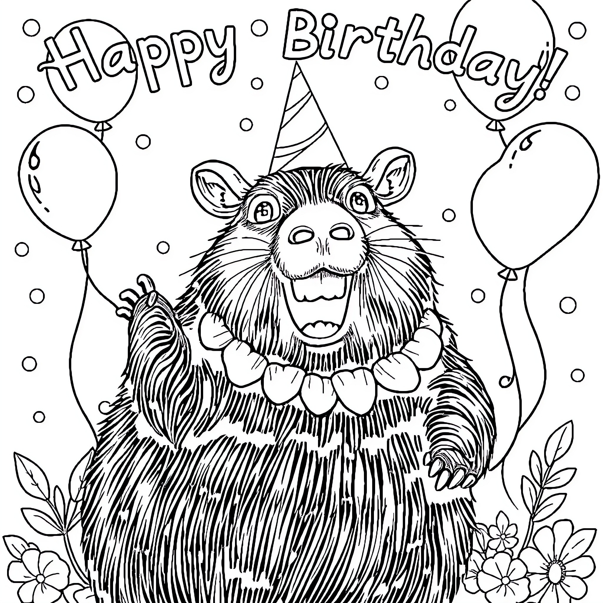 Capybara celebrating a happy birthday party Coloring Page (free black-and-white line drawing printable PDF for all, from beginners to advanced learners, including children, teens, adults, and seniors)