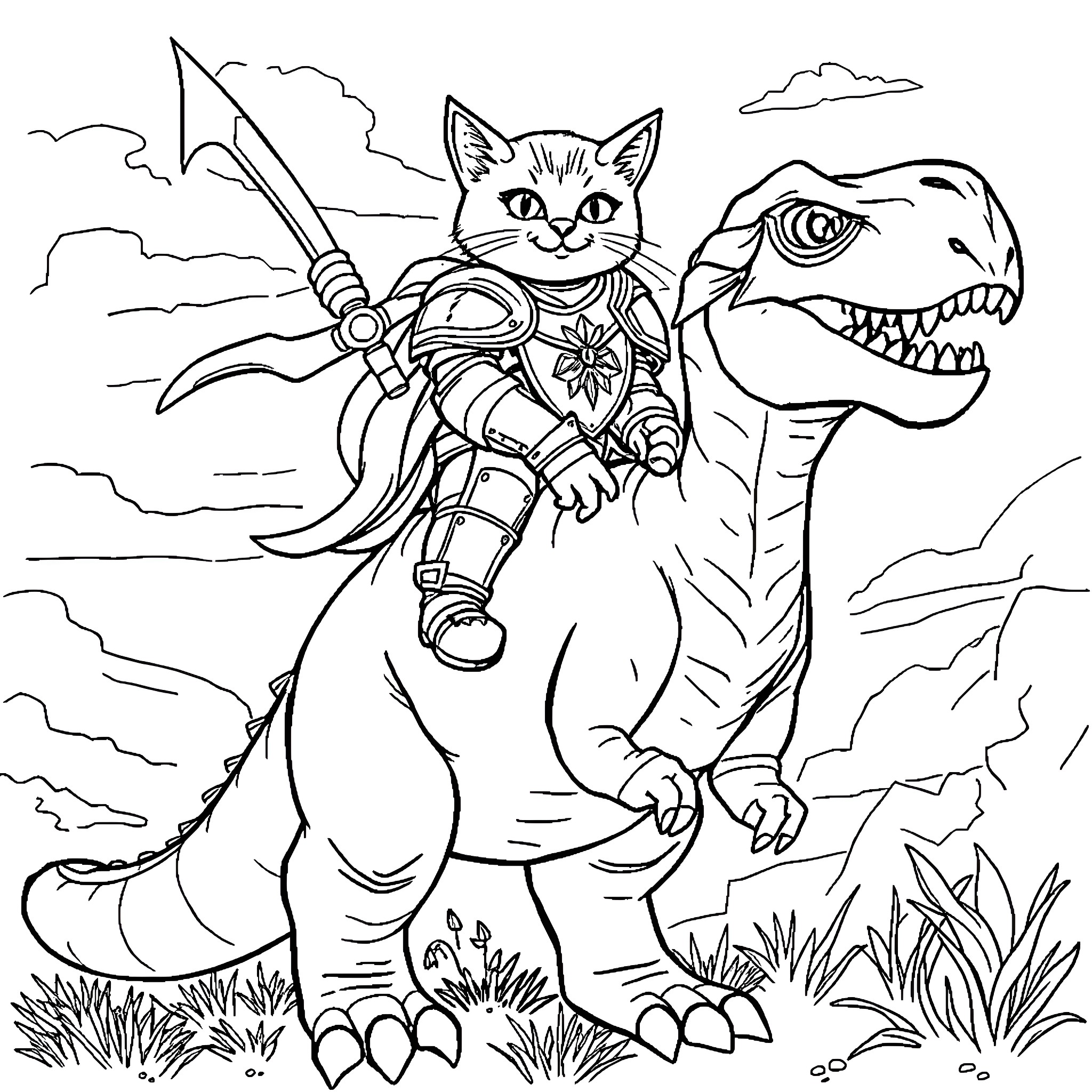 Cat Warrior Riding Dinosaur Adventure Coloring Page (free black-and-white line drawing printable PDF for all, from beginners to advanced learners, including children, teens, adults, and seniors)