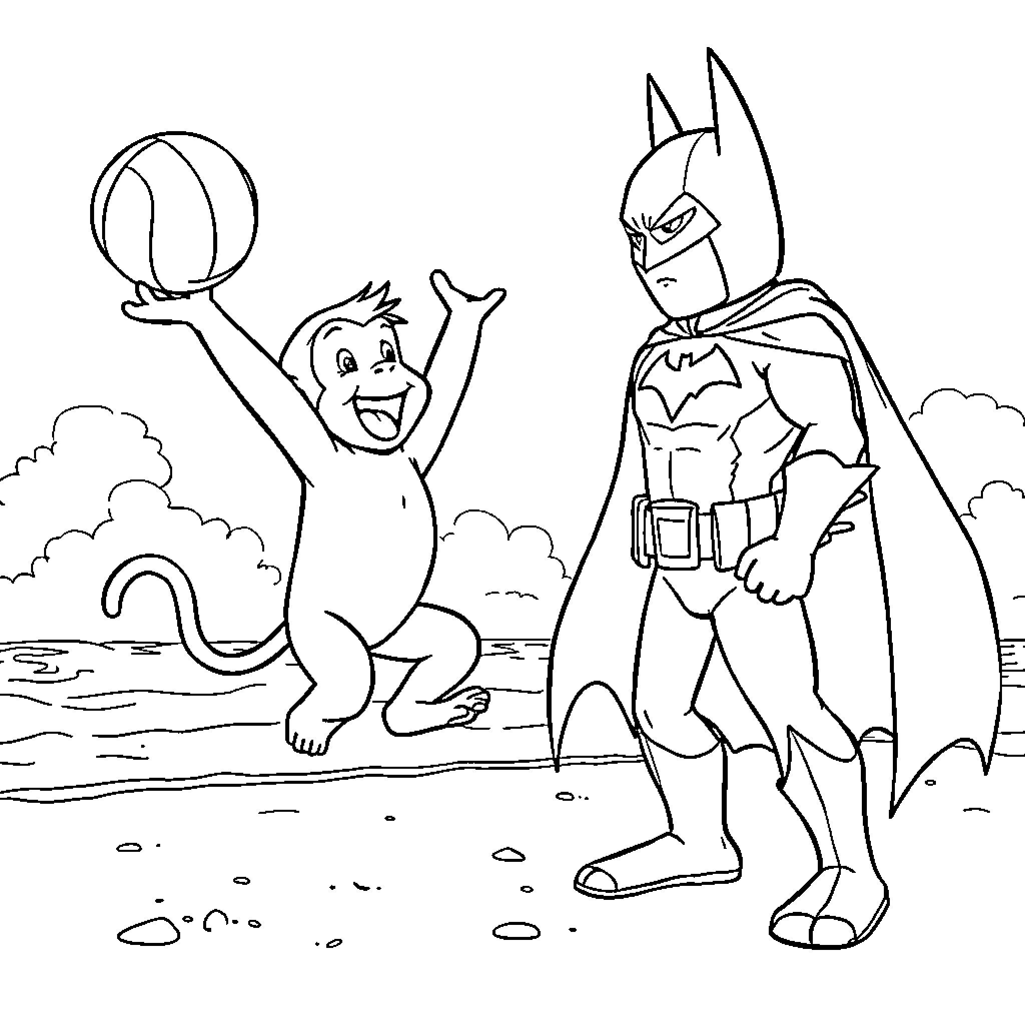 Curious George meets Batman in an outdoor adventure Coloring Page (free black-and-white line drawing printable PDF for all, from beginners to advanced learners, including children, teens, adults, and seniors)