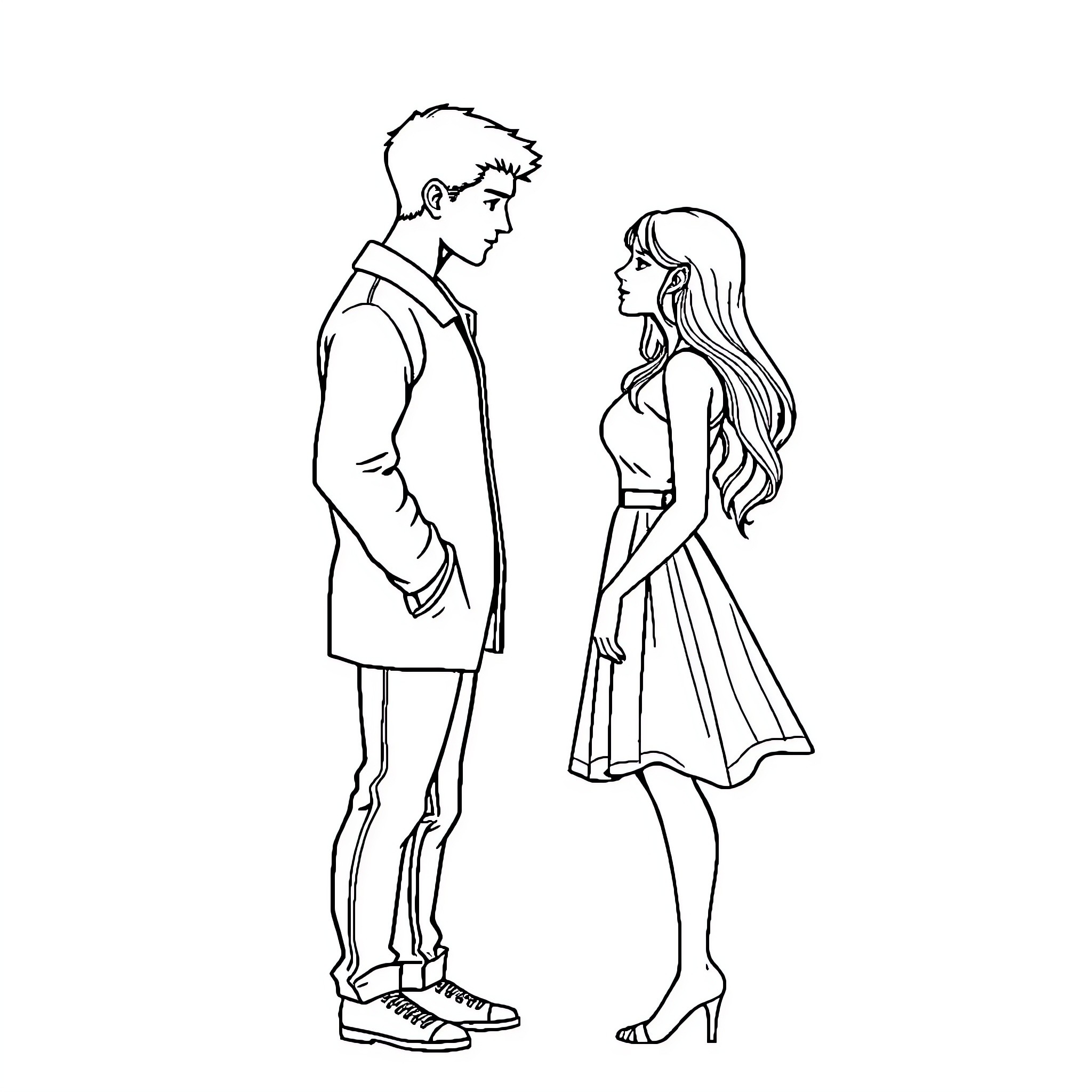 Figure of a couple conversing with each other Coloring Page (free black-and-white line drawing printable PDF for all, from beginners to advanced learners, including children, teens, adults, and seniors)