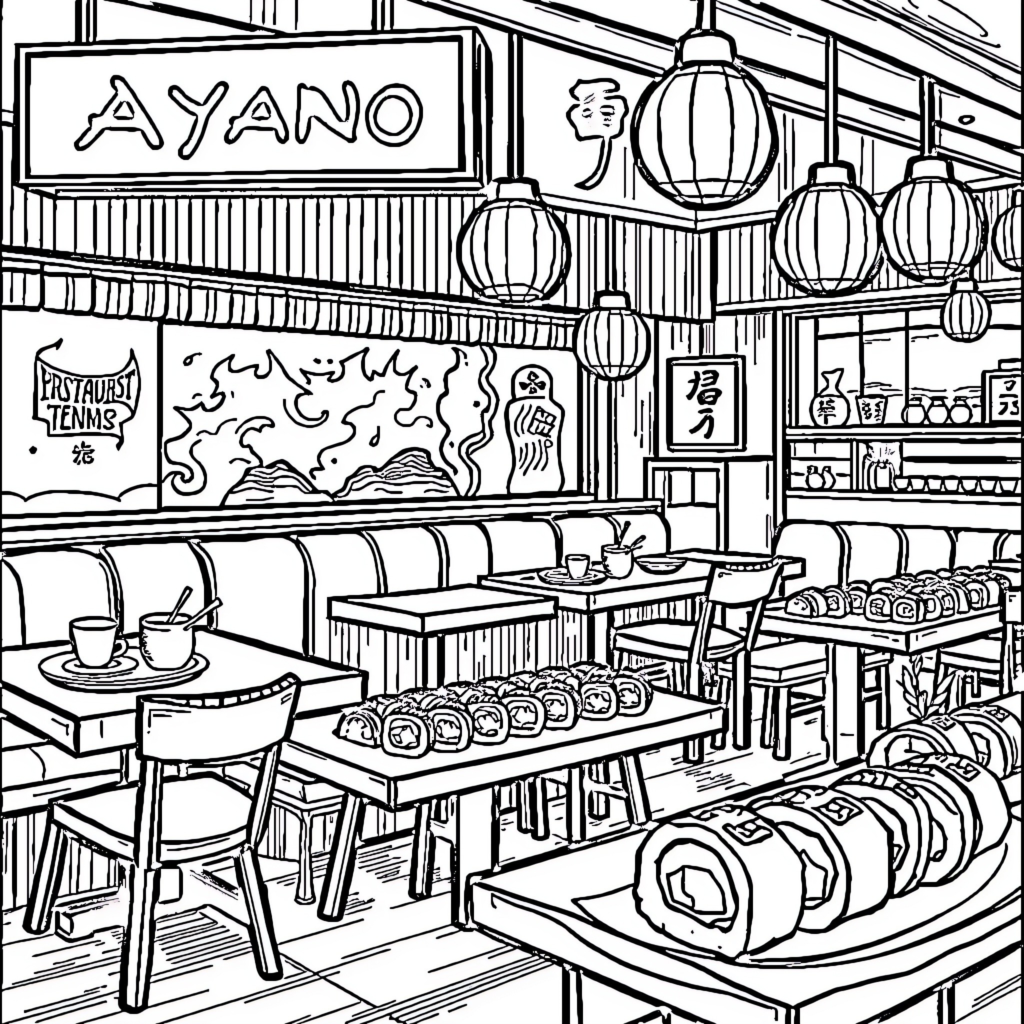 Sushi Bar with Lively Decor and Delicious Dishes Coloring Page (free black-and-white line drawing printable PDF for all, from beginners to advanced learners, including children, teens, adults, and seniors)