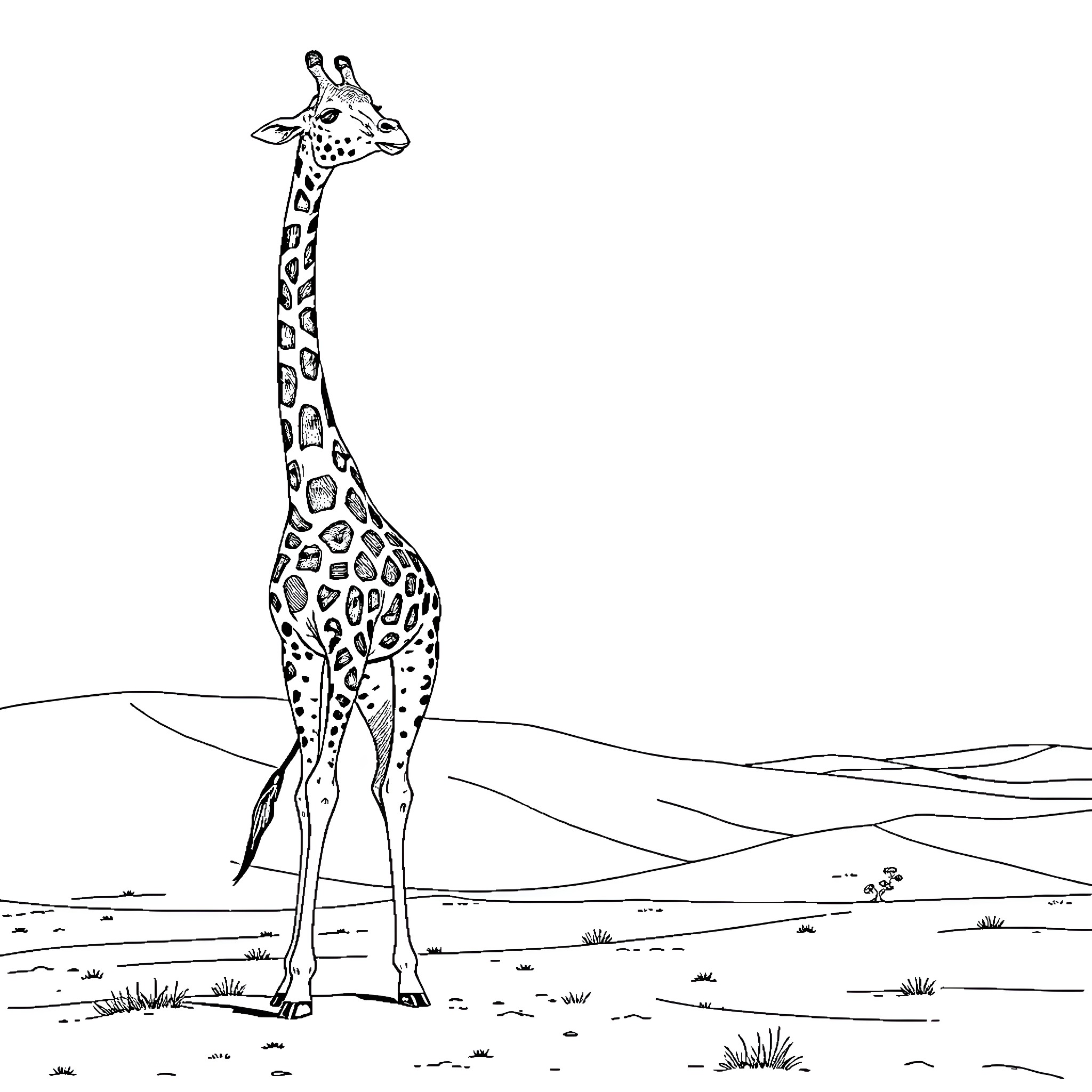 Giraffe standing tall in the wild Coloring Page (free black-and-white line drawing printable PDF for all, from beginners to advanced learners, including children, teens, adults, and seniors)
