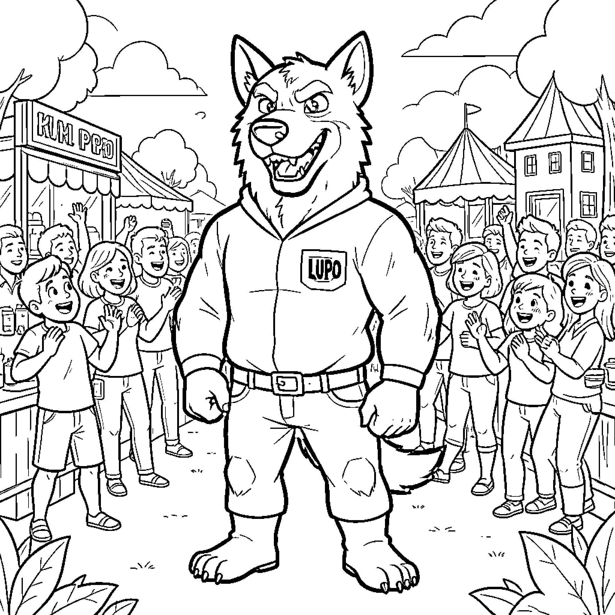Lupo standing confidently amidst a cheering crowd Coloring Page (free black-and-white line drawing printable PDF for all, from beginners to advanced learners, including children, teens, adults, and seniors)