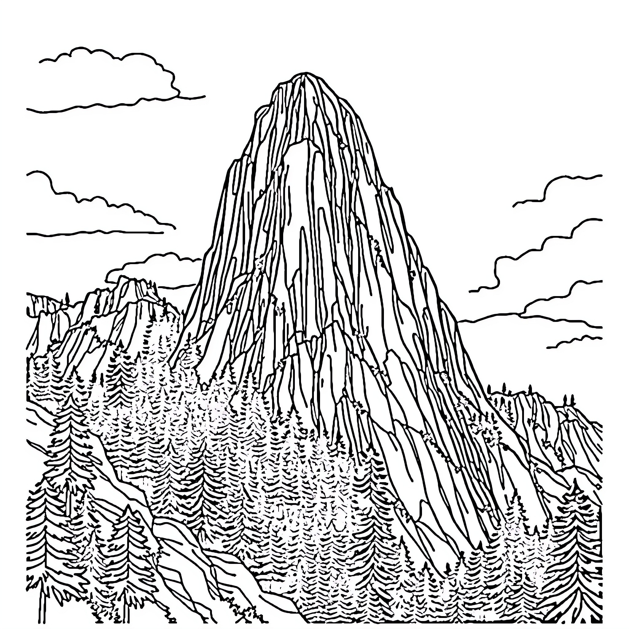 Mountain landscape with towering peaks Coloring Page (free black-and-white line drawing printable PDF for all, from beginners to advanced learners, including children, teens, adults, and seniors)
