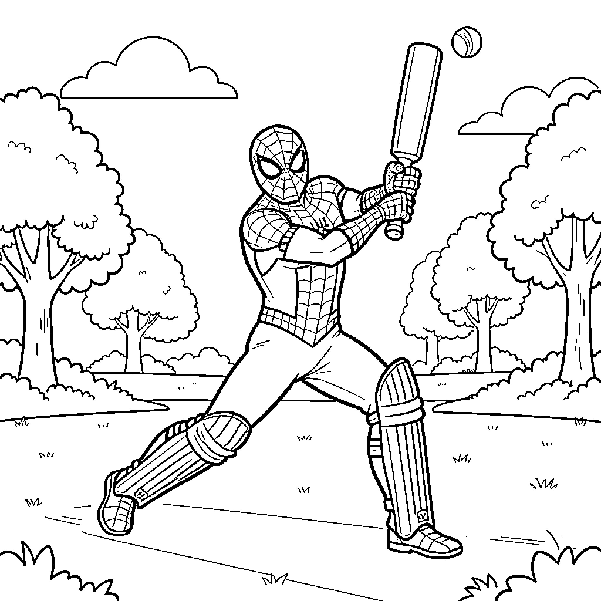 Spider-Man playing cricket in a park Coloring Page (free black-and-white line drawing printable PDF for all, from beginners to advanced learners, including children, teens, adults, and seniors)