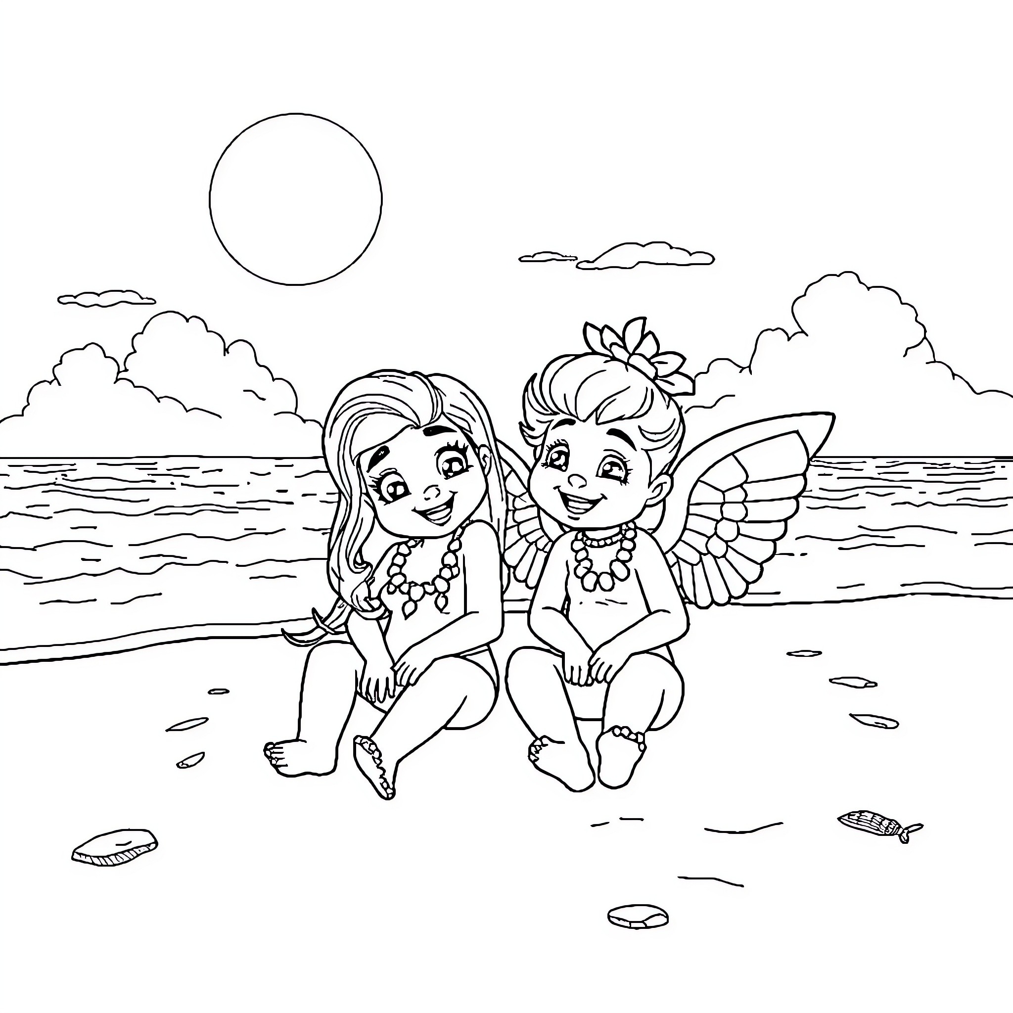 Lilo and Fairy Friends at the Beach Coloring Page (free black-and-white line drawing printable PDF for all, from beginners to advanced learners, including children, teens, adults, and seniors)