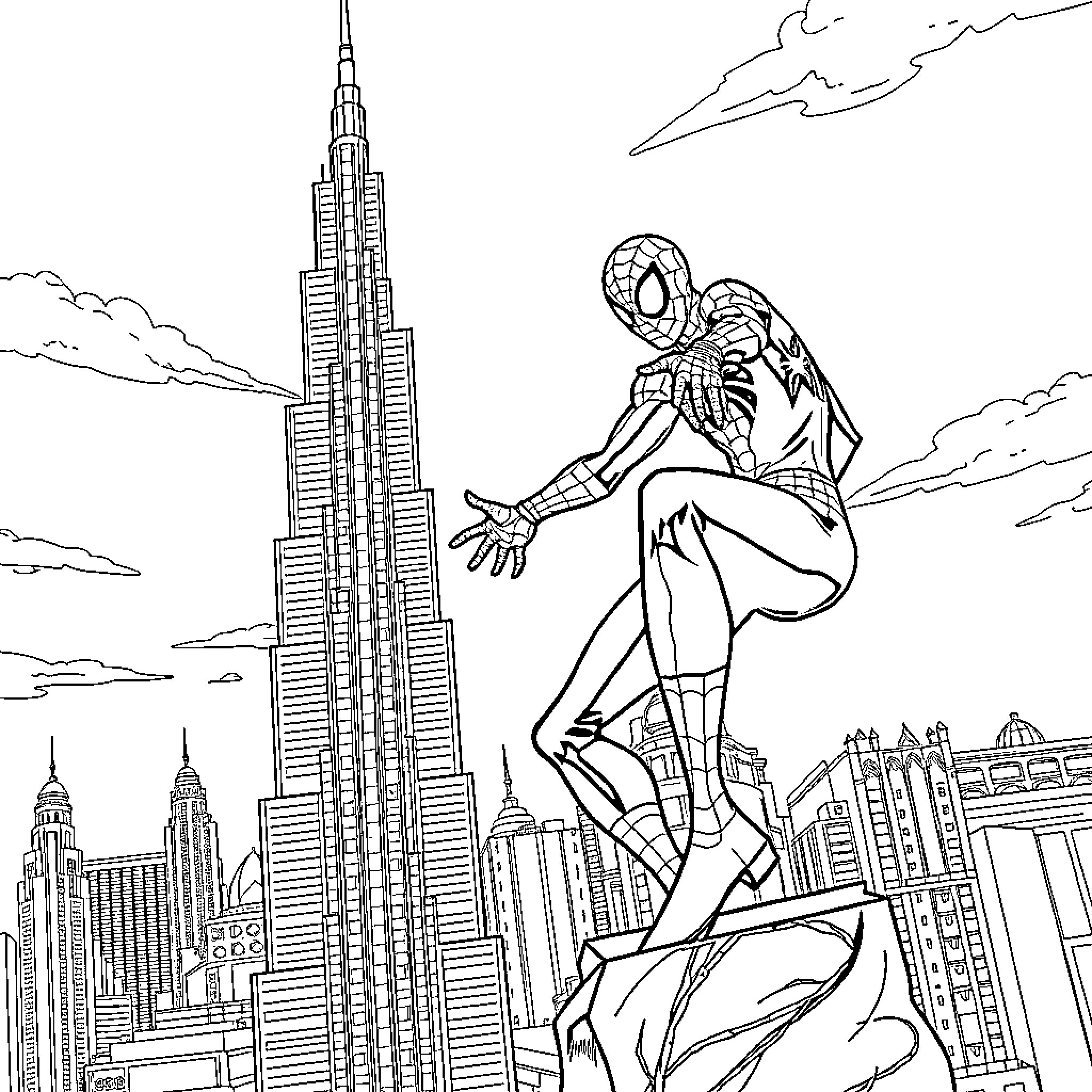 Spiderman scaling skyscraper in the city Coloring Page (free black-and-white line drawing printable PDF for all, from beginners to advanced learners, including children, teens, adults, and seniors)