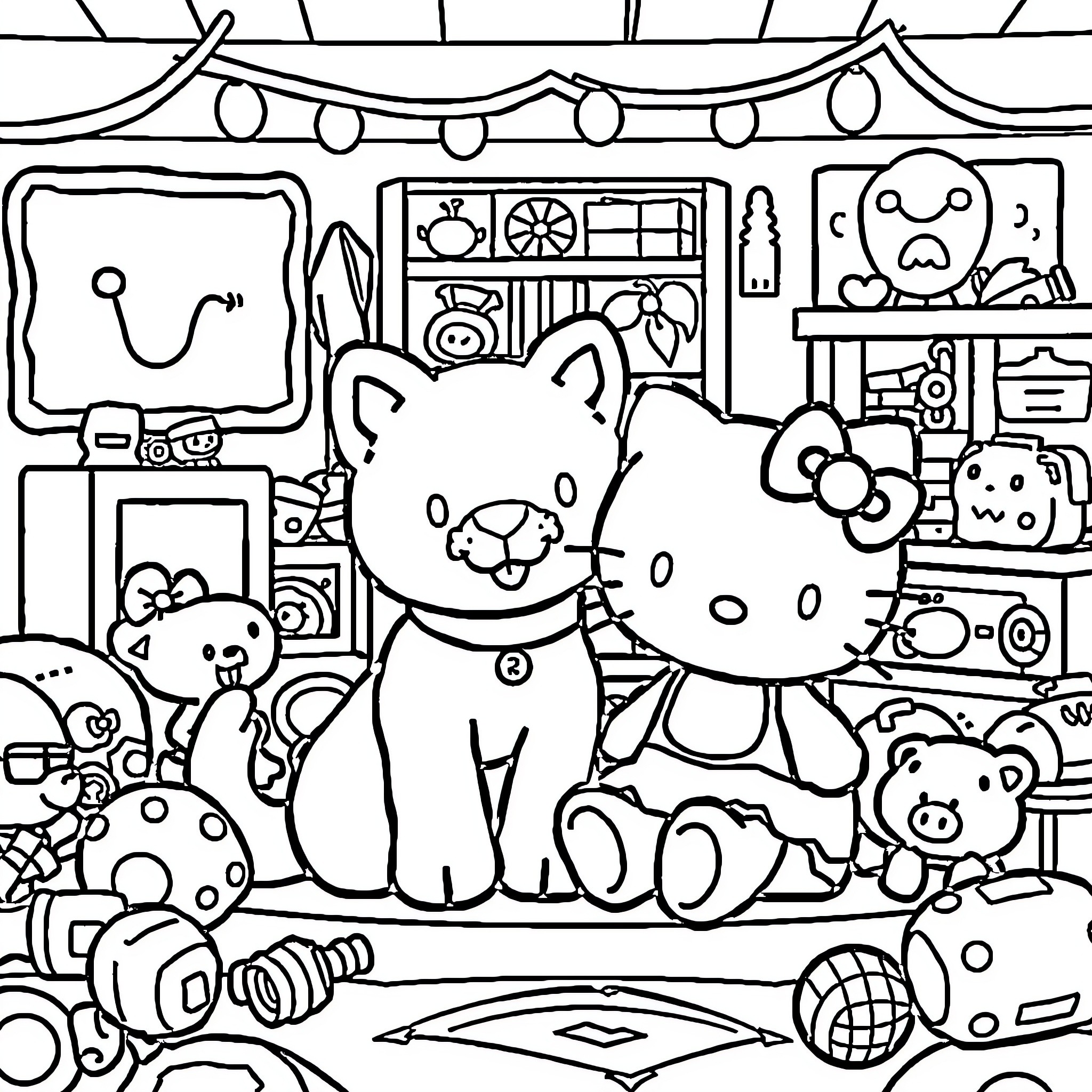 Hello Kitty and Friends Exploring a Whimsical Room Coloring Page (free black-and-white line drawing printable PDF for all, from beginners to advanced learners, including children, teens, adults, and seniors)