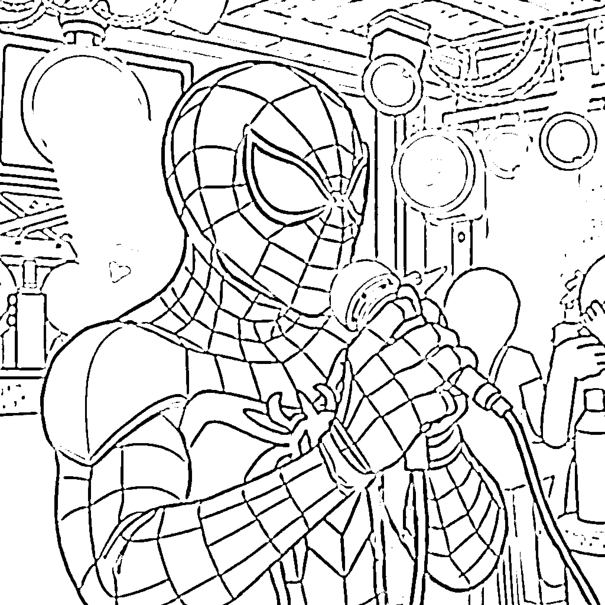 Spiderman in action-packed superhero pose Coloring Page (free black-and-white line drawing printable PDF for all, from beginners to advanced learners, including children, teens, adults, and seniors)