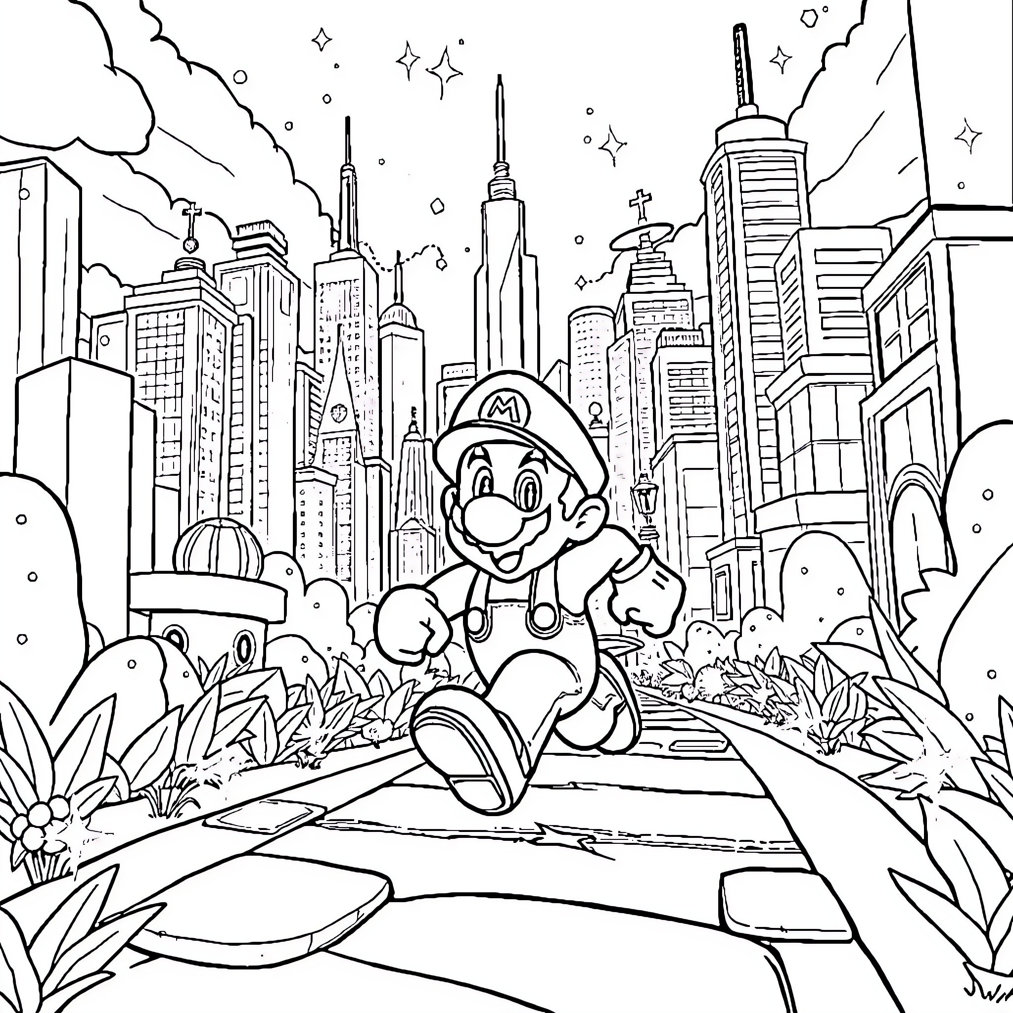 Super Mario Exploring the City Skyline Coloring Page (free black-and-white line drawing printable PDF for all, from beginners to advanced learners, including children, teens, adults, and seniors)