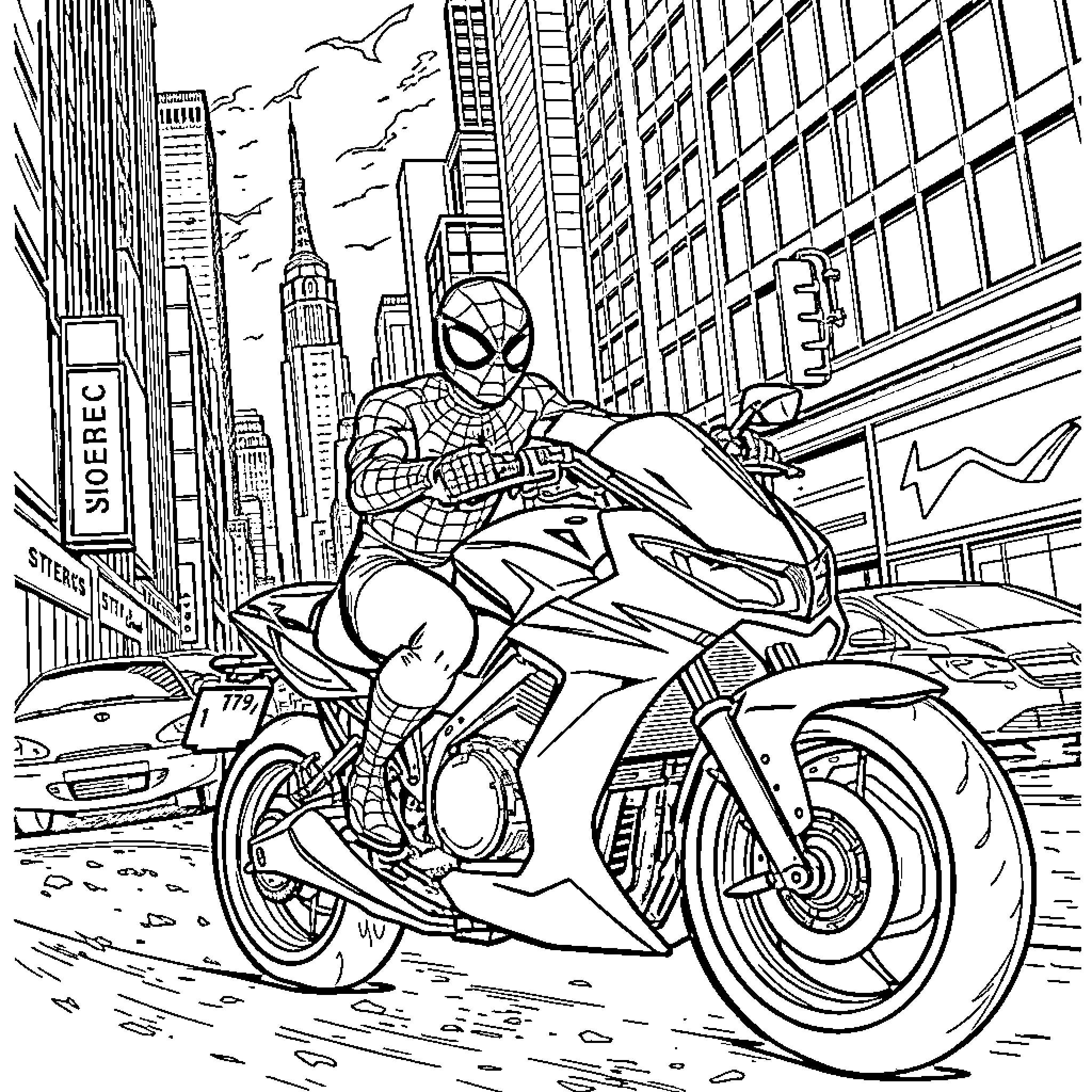 Spider-Man riding a motorcycle through the city Coloring Page (free black-and-white line drawing printable PDF for all, from beginners to advanced learners, including children, teens, adults, and seniors)