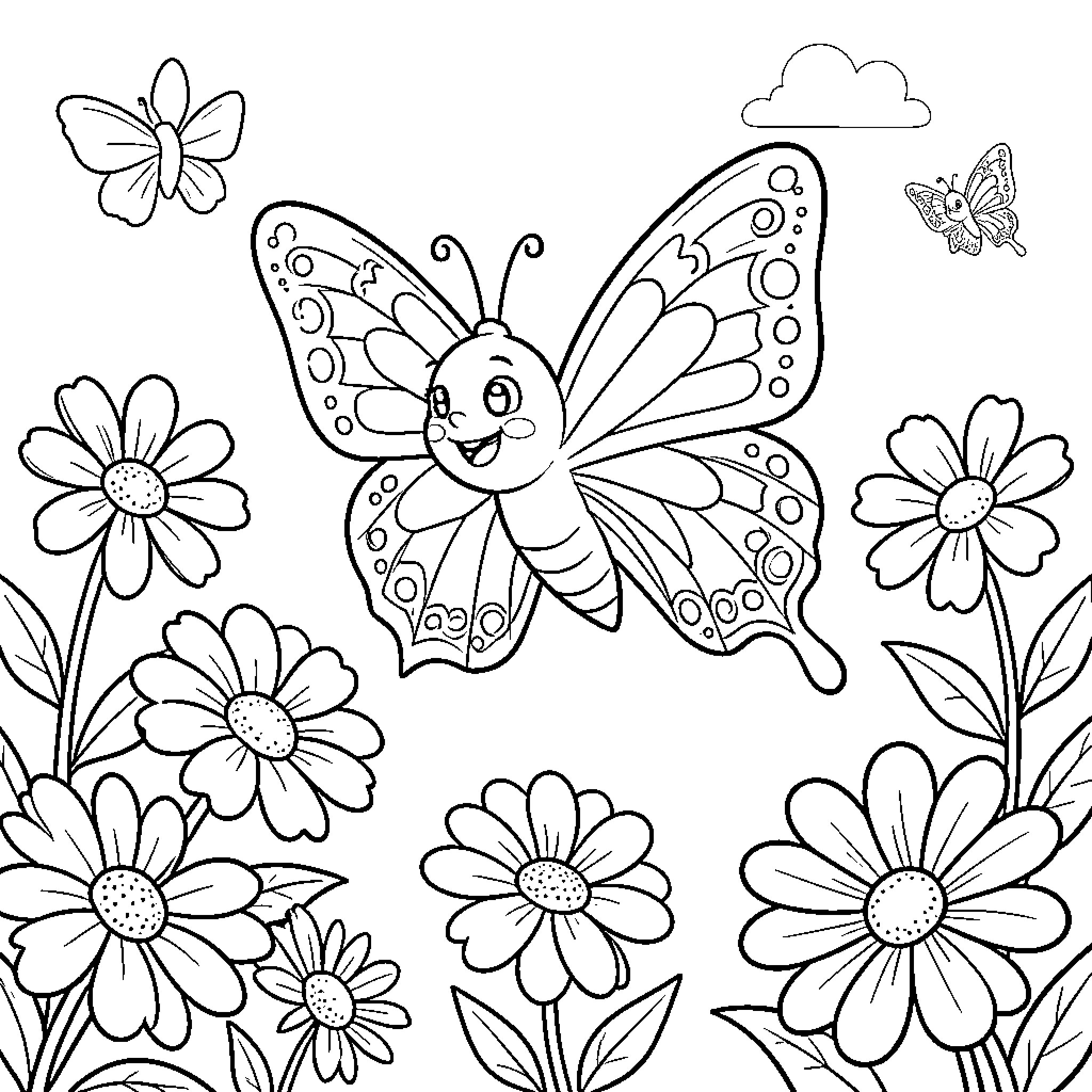 Butterfly flying happily among beautiful flowers Coloring Page (free black-and-white line drawing printable PDF for all, from beginners to advanced learners, including children, teens, adults, and seniors)