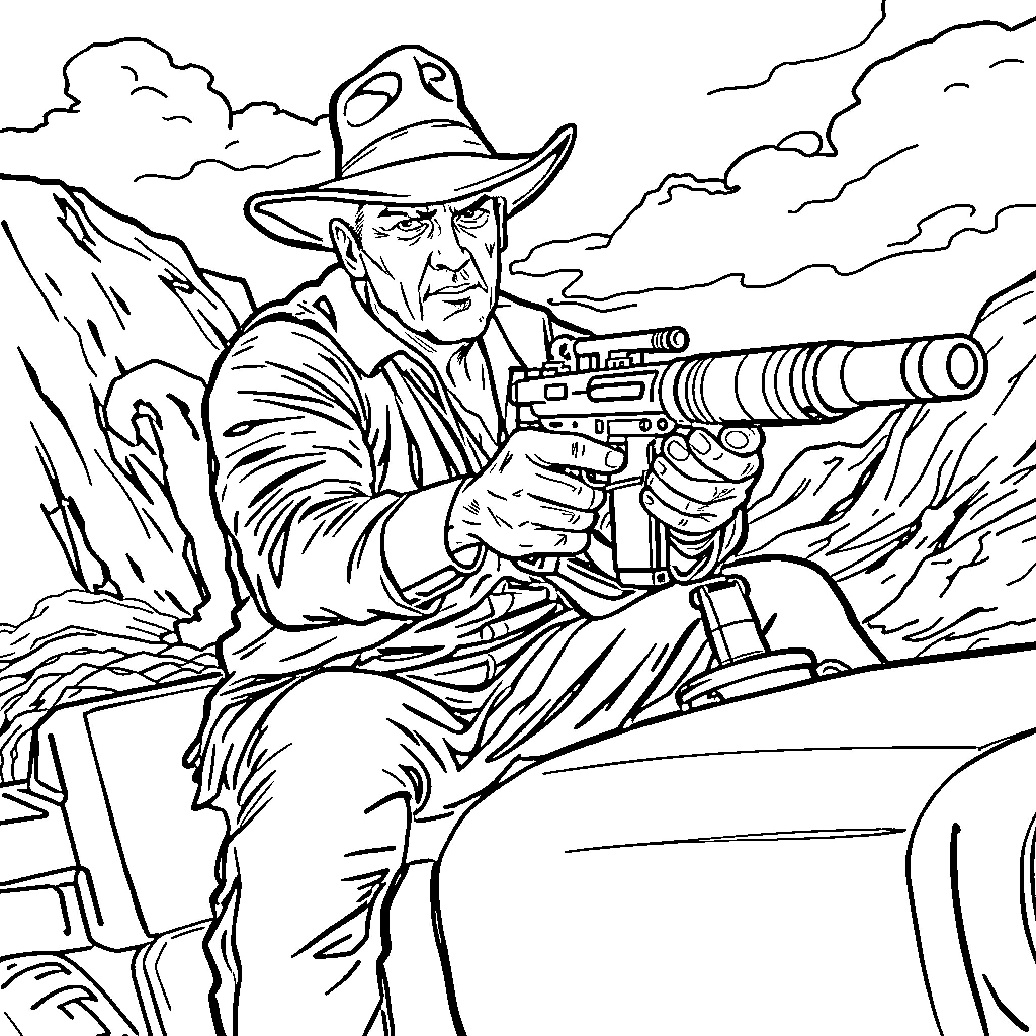 Indiana Jones in action with gun and adventure gear Coloring Page (free black-and-white line drawing printable PDF for all, from beginners to advanced learners, including children, teens, adults, and seniors)