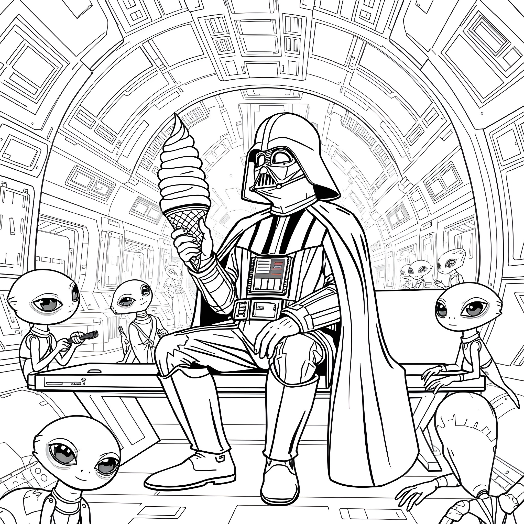 Darth Vader enjoys a tasty ice cream treat with alien companions Coloring Page (free black-and-white line drawing printable PDF for all, from beginners to advanced learners, including children, teens, adults, and seniors)