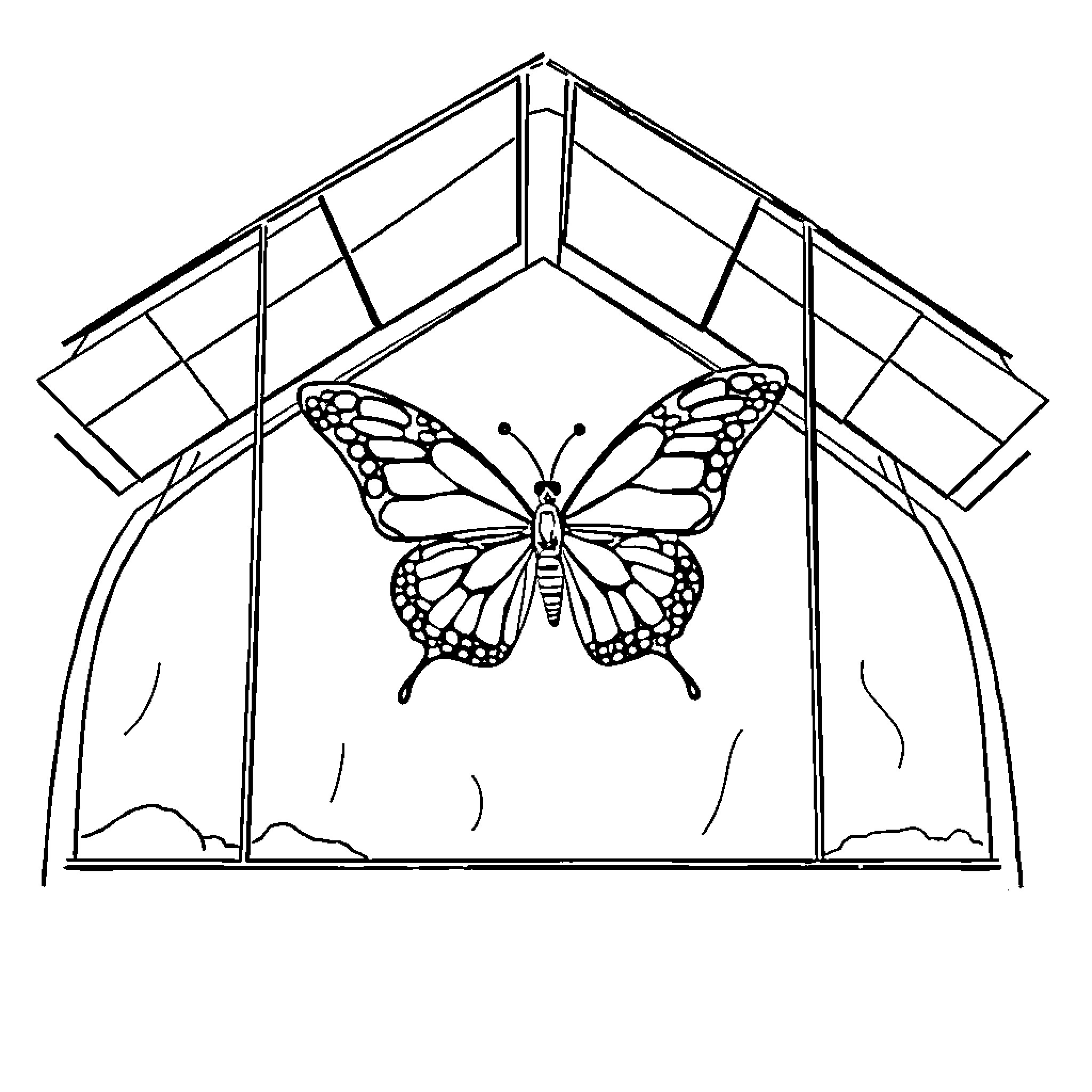 Butterfly in a Stained Glass Window Coloring Page (free black-and-white line drawing printable PDF for all, from beginners to advanced learners, including children, teens, adults, and seniors)