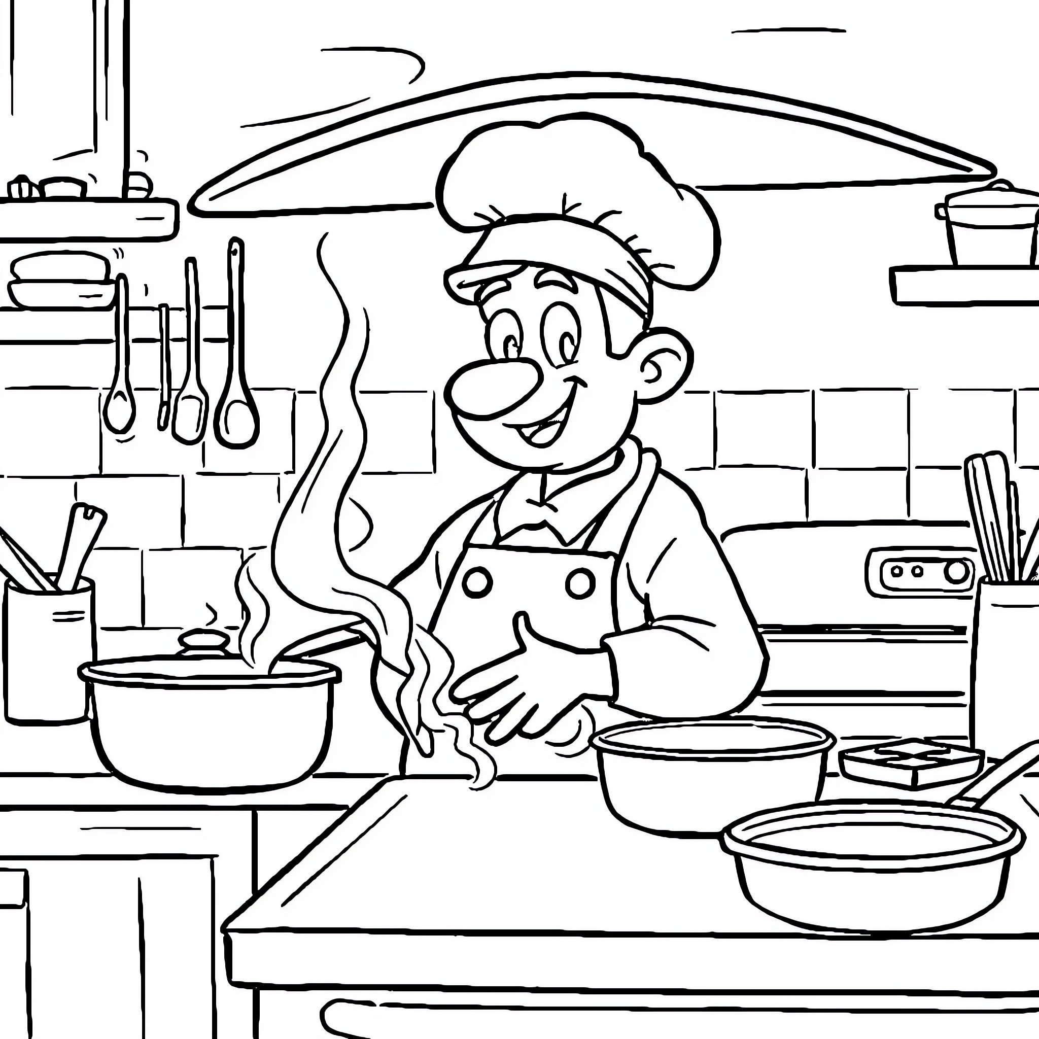 Quirky Chef Preparing Delicious Dishes in Kitchen Coloring Page (free black-and-white line drawing printable PDF for all, from beginners to advanced learners, including children, teens, adults, and seniors)