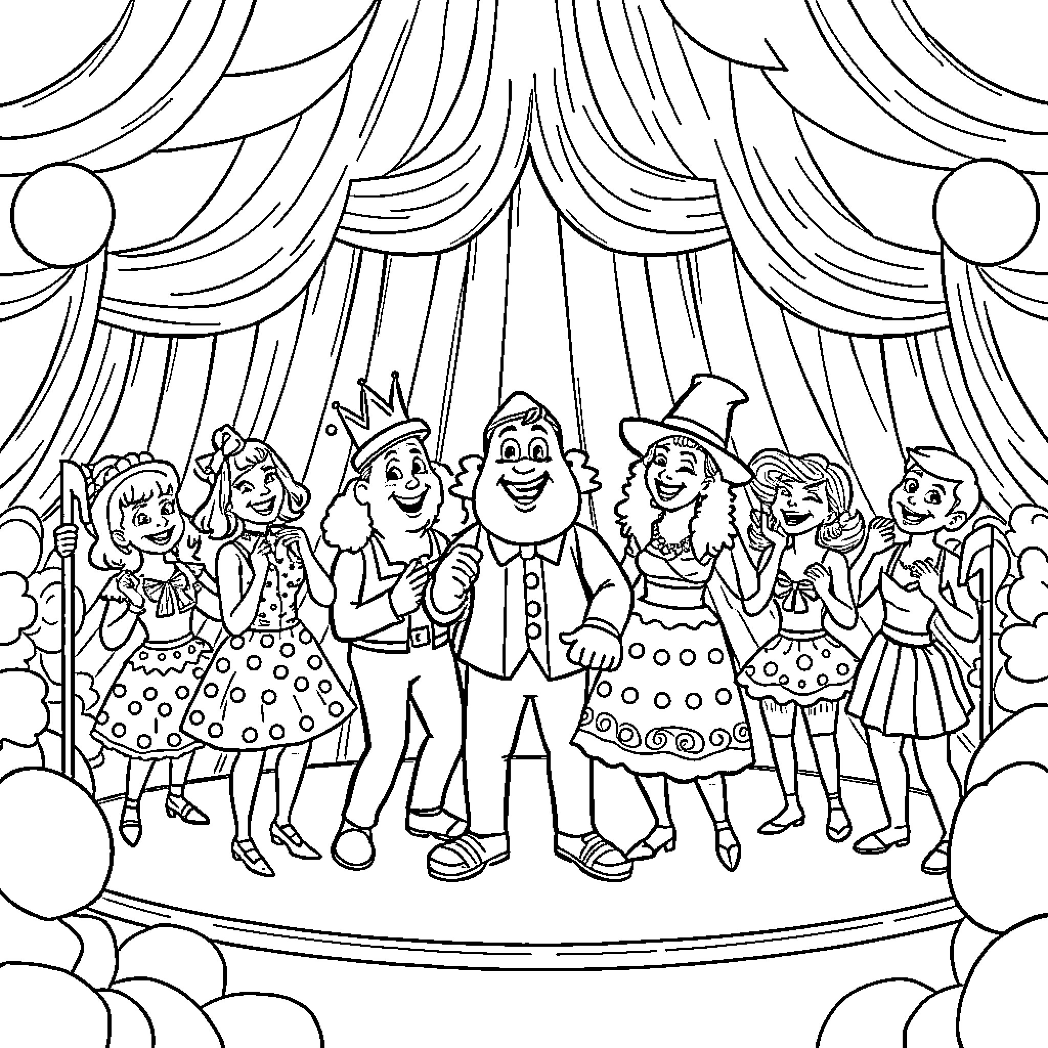 Lez performers take the stage in costume Coloring Page (free black-and-white line drawing printable PDF for all, from beginners to advanced learners, including children, teens, adults, and seniors)