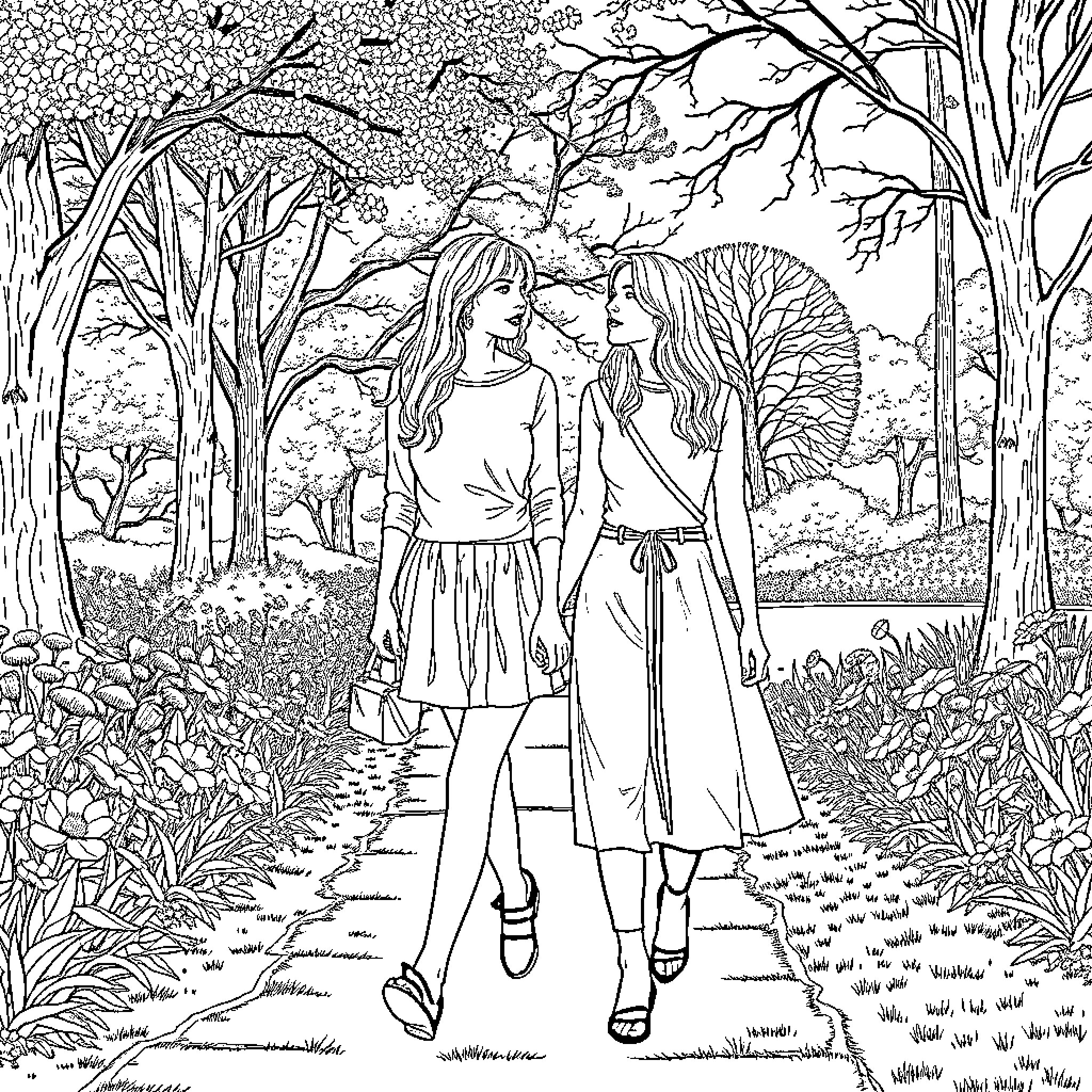 Taylor Swift enjoying a peaceful walk with a friend in nature Coloring Page (free black-and-white line drawing printable PDF for all, from beginners to advanced learners, including children, teens, adults, and seniors)