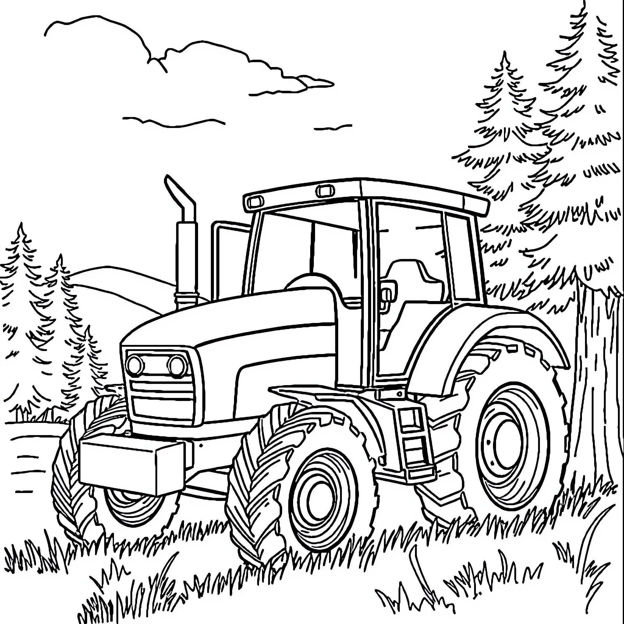 Tractor working in the countryside Coloring Page (free black-and-white line drawing printable PDF for all, from beginners to advanced learners, including children, teens, adults, and seniors)