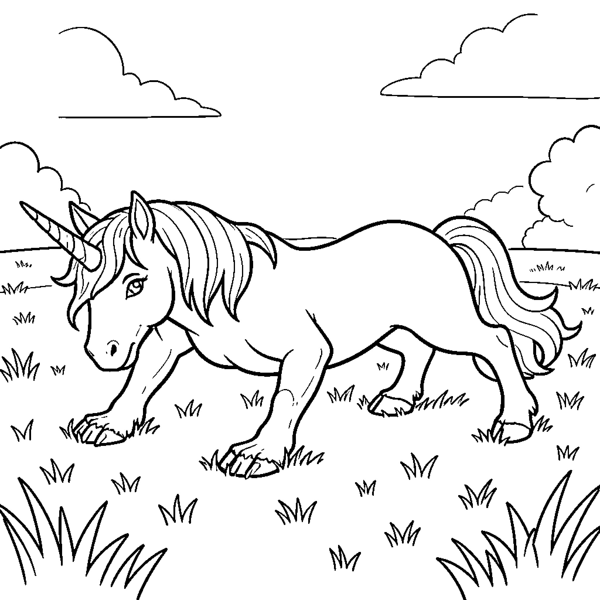 Unicorn walking peacefully through a grassy meadow Coloring Page (free black-and-white line drawing printable PDF for all, from beginners to advanced learners, including children, teens, adults, and seniors)