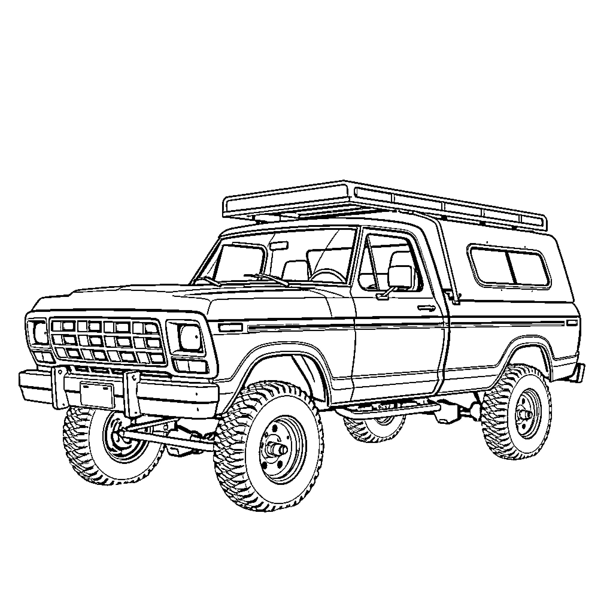 Ford 4x4 Truck with Roof Rack and Rugged Design Coloring Page (free black-and-white line drawing printable PDF for all, from beginners to advanced learners, including children, teens, adults, and seniors)
