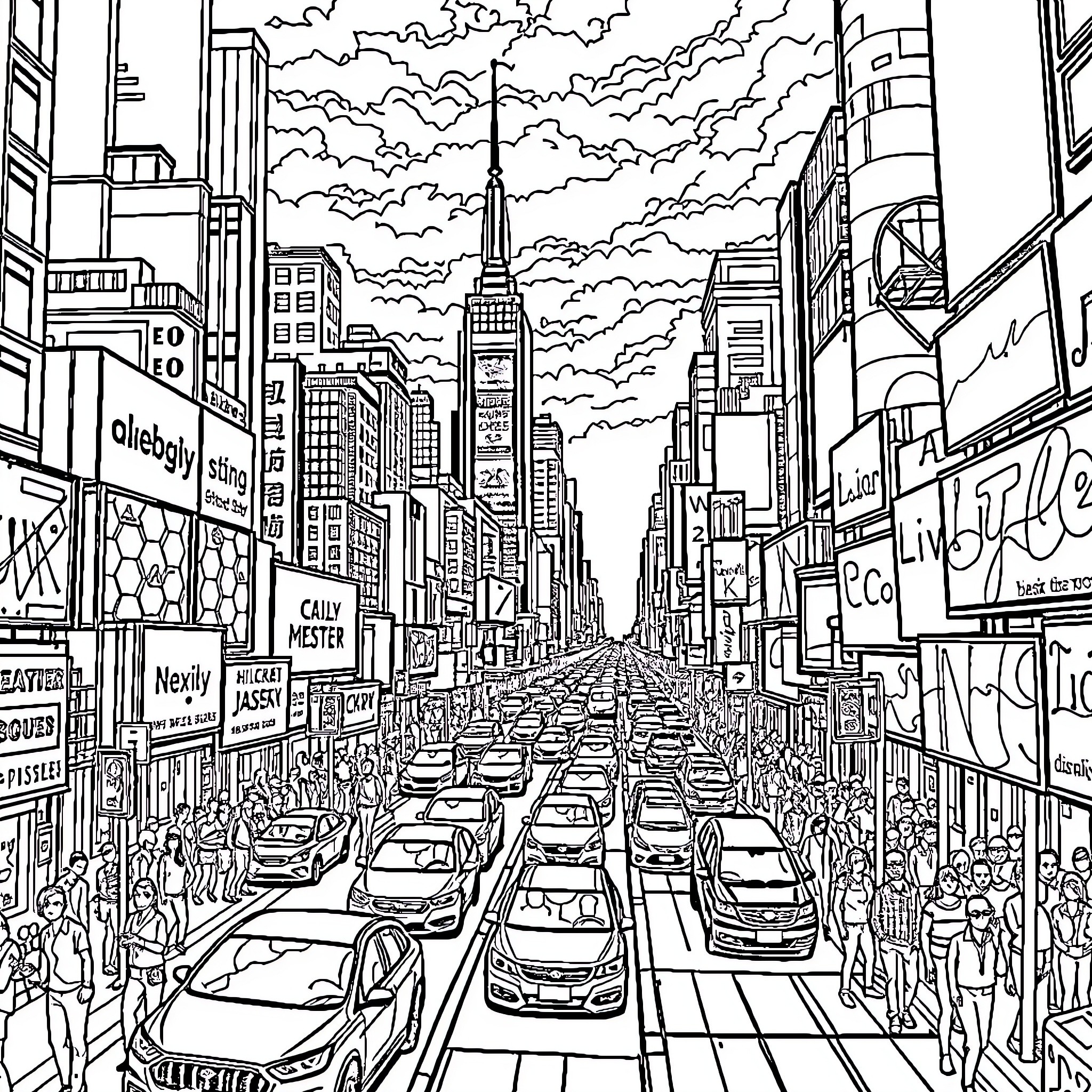 City Streets Bustling with Vehicles and Pedestrians Coloring Page (free black-and-white line drawing printable PDF for all, from beginners to advanced learners, including children, teens, adults, and seniors)