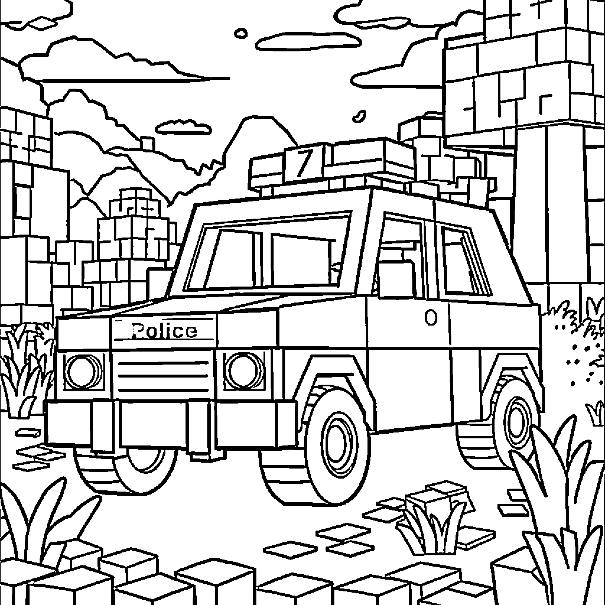 Police Car in Urban Landscape Coloring Page (free black-and-white line drawing printable PDF for all, from beginners to advanced learners, including children, teens, adults, and seniors)