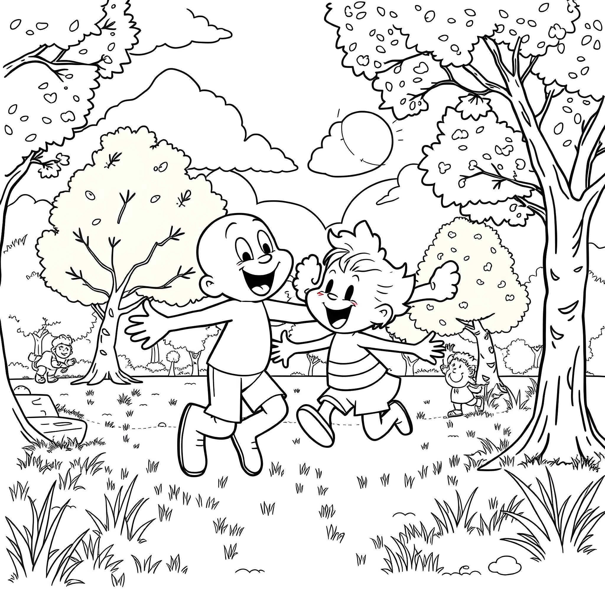 Bluey and friends playing in the park Coloring Page (free black-and-white line drawing printable PDF for all, from beginners to advanced learners, including children, teens, adults, and seniors)