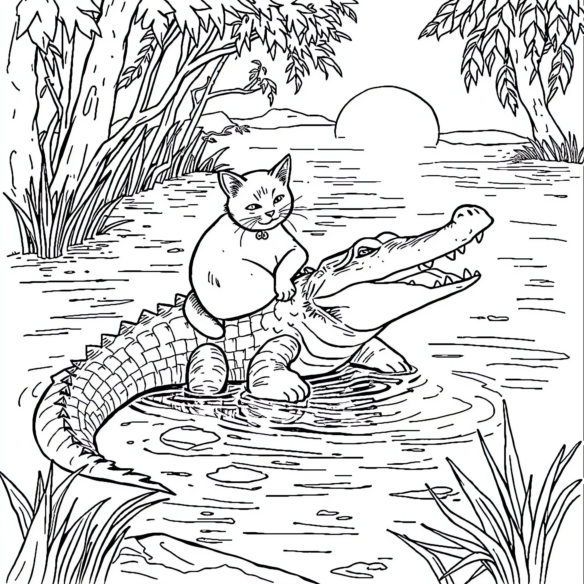 Cat Encountering Crocodile in Tropical Landscape Coloring Page (free black-and-white line drawing printable PDF for all, from beginners to advanced learners, including children, teens, adults, and seniors)
